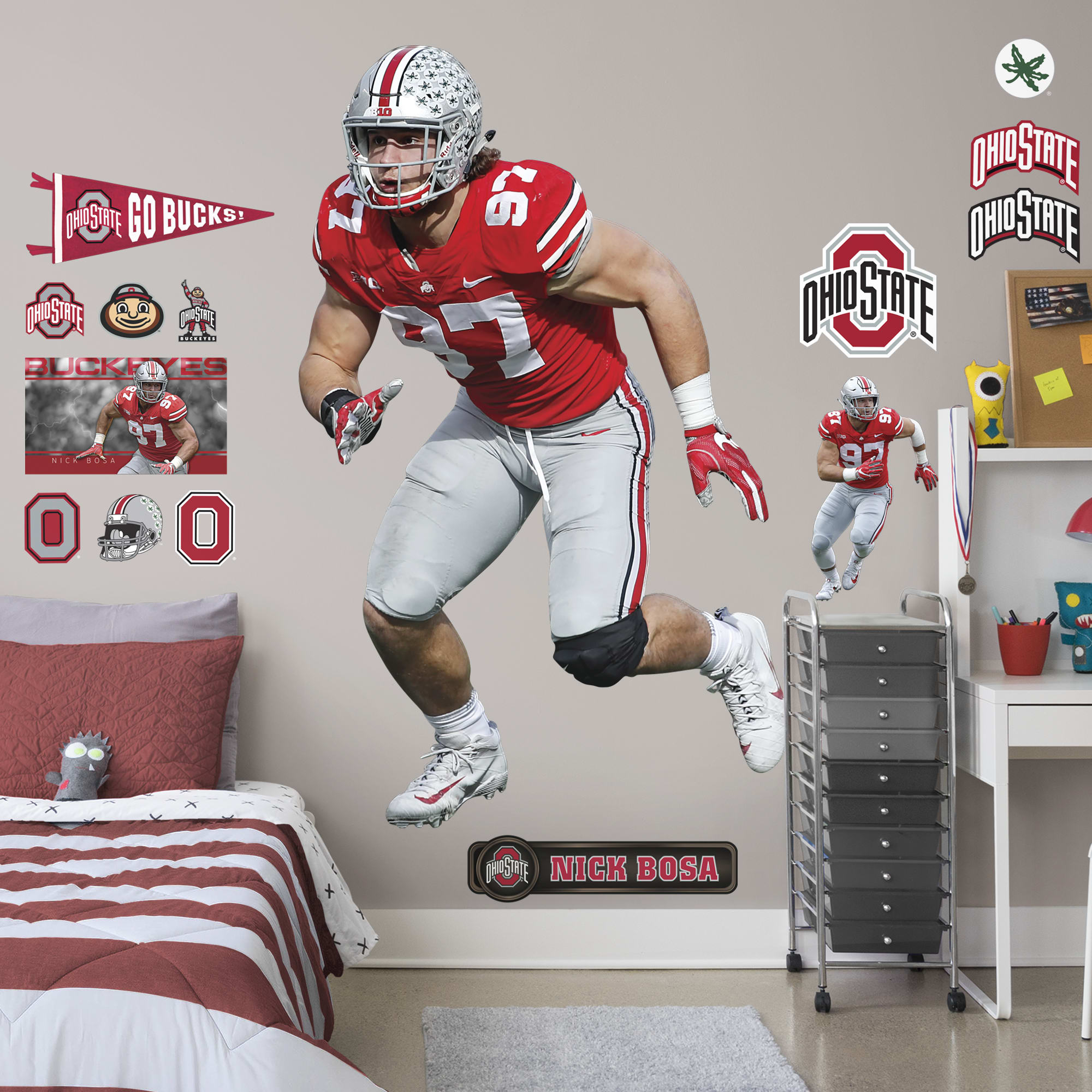 Nick Bosa for Ohio State Buckeyes: Ohio State - Officially Licensed Removable Wall Decal Life-Size Athlete + 15 Decals (47"W x 7