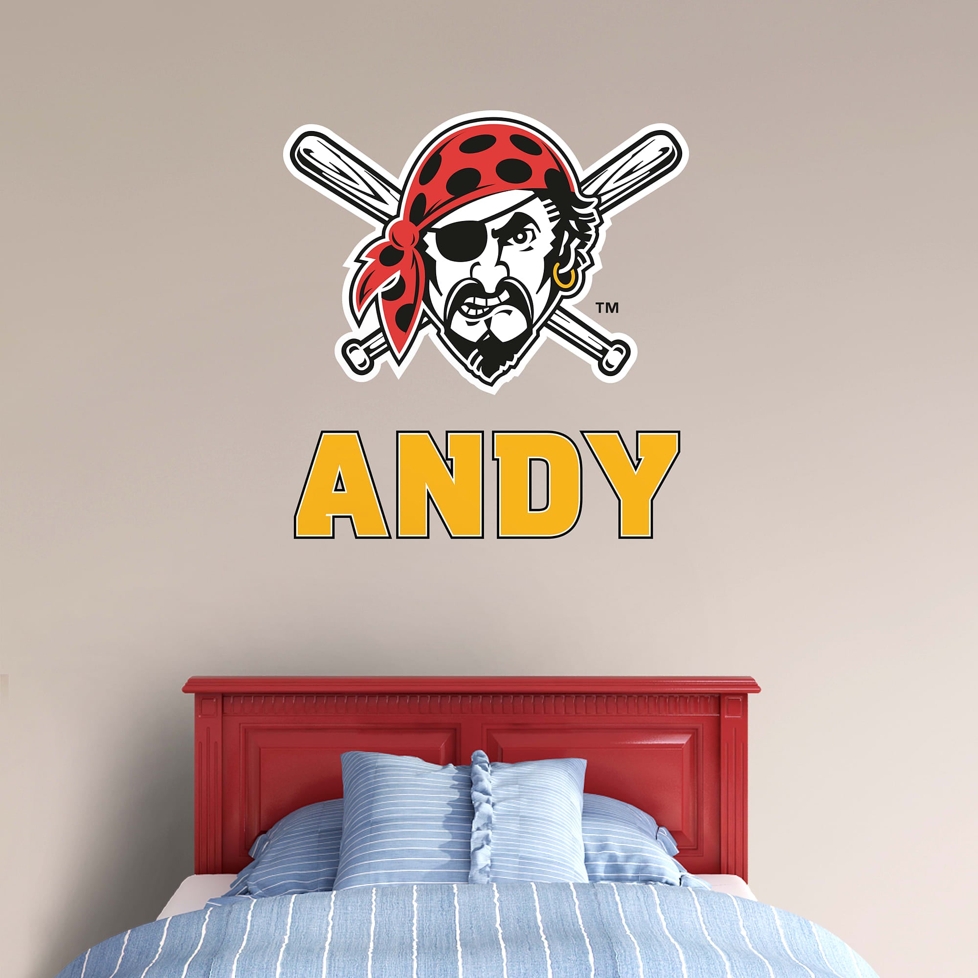 Pittsburgh Pirates: Pirate Head Stacked Personalized Name - Officially Licensed MLB Transfer Decal in Yellow by Fathead | Vinyl