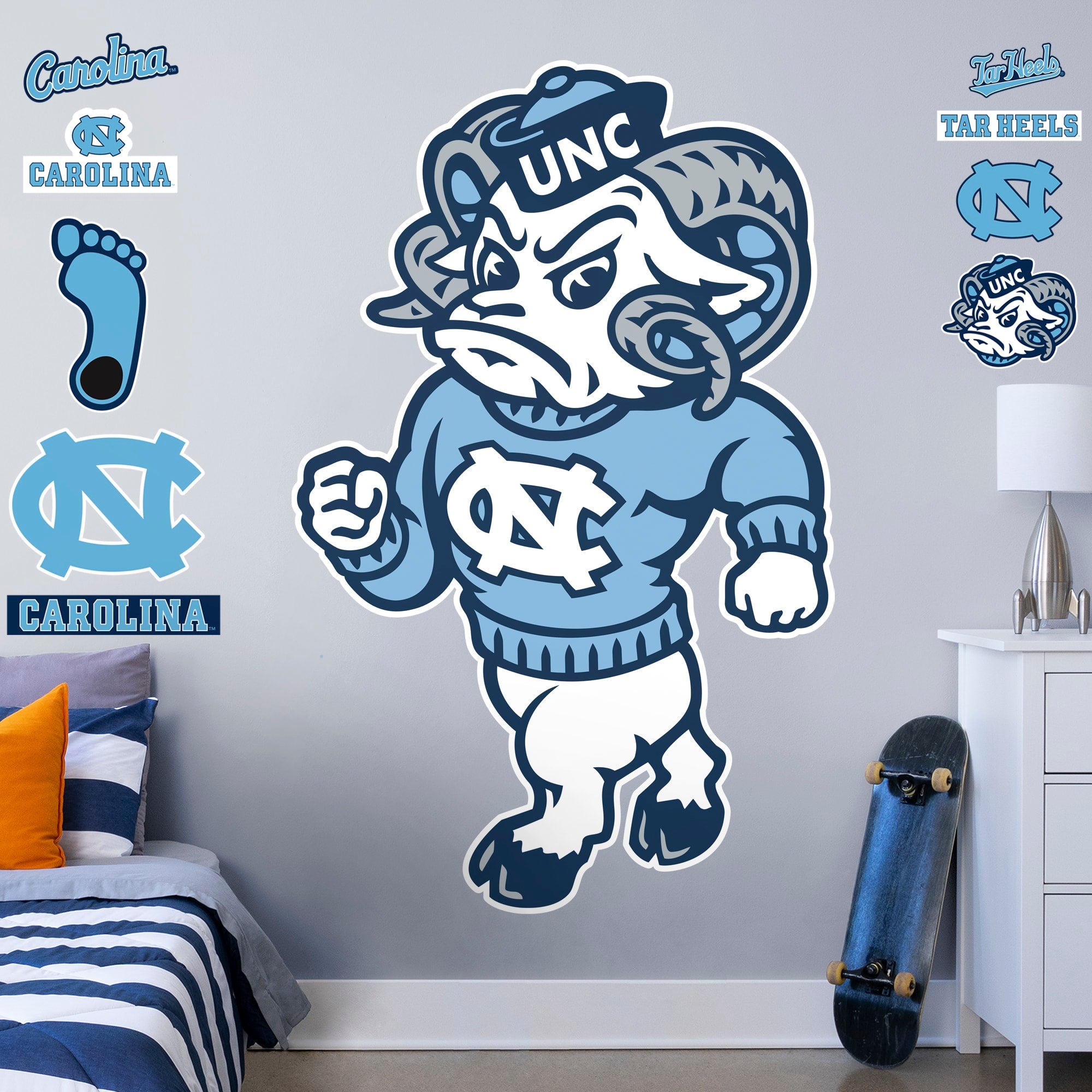 North Carolina Tar Heels: Rameses Mascot - Officially Licensed Removable Wall Decal Life-Size Mascot + 11 Decals (45"W x 71"H) b