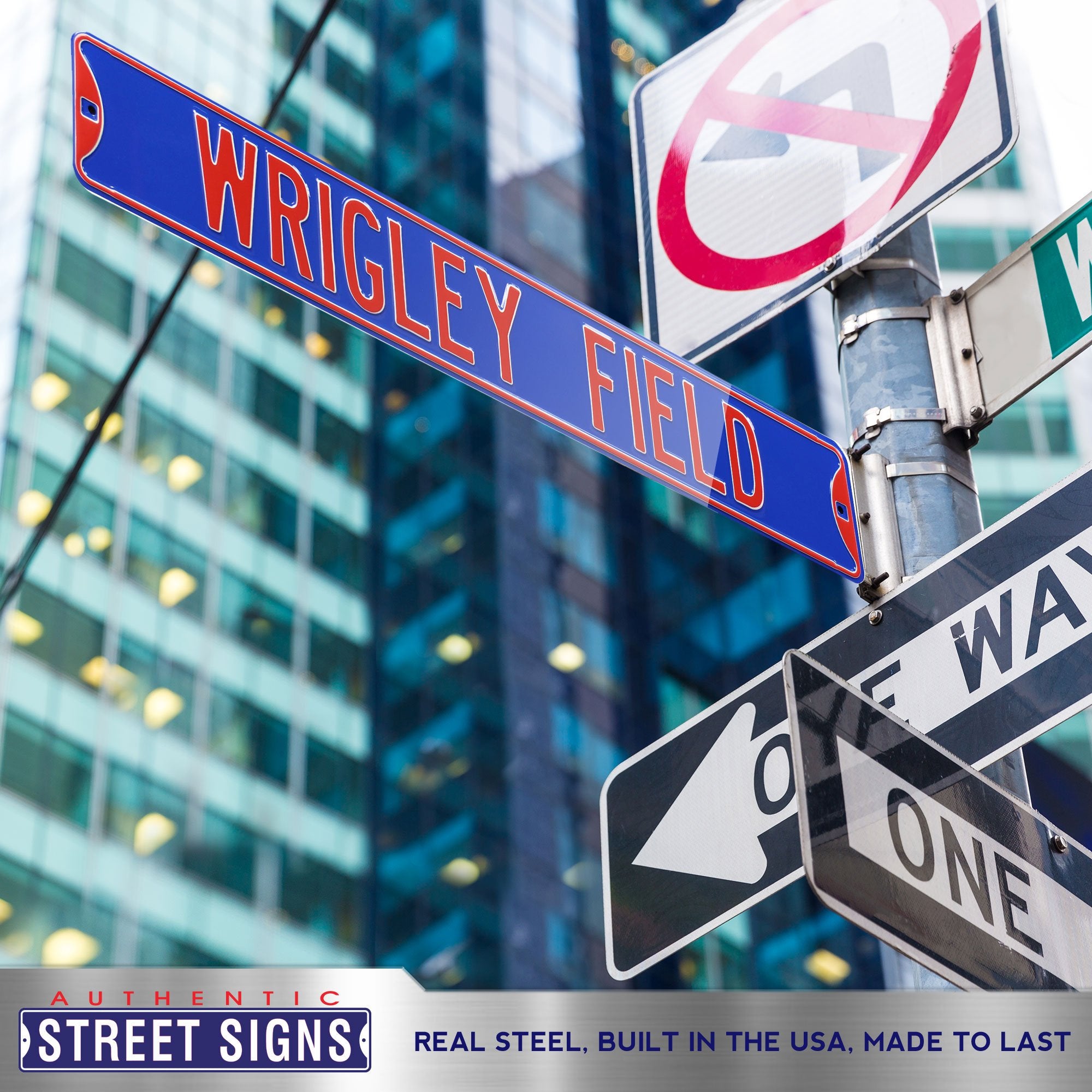 Chicago Cubs Steel Street Sign-WRIGLEY FIELD on Blue 36" W x 6" H by Fathead