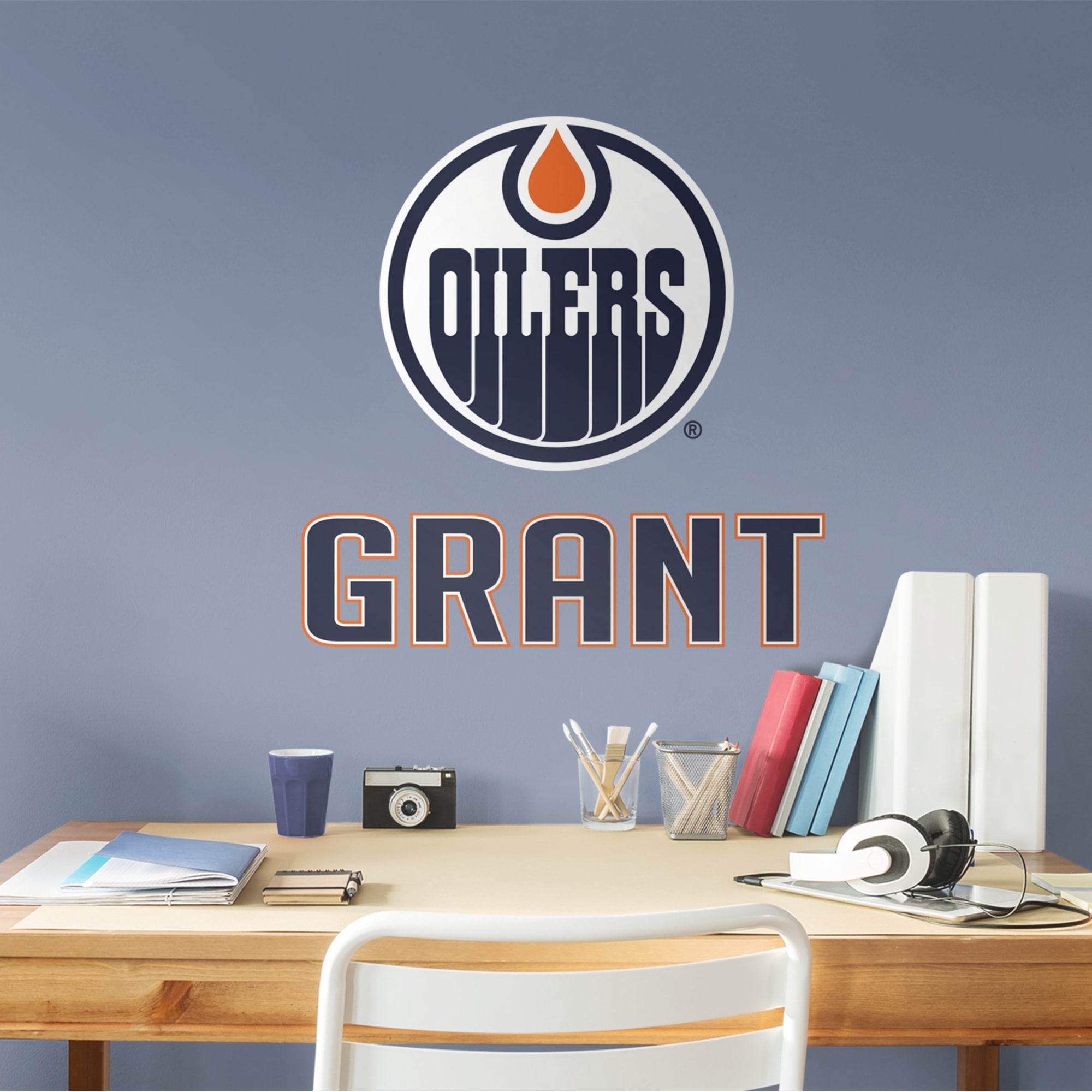 Edmonton Oilers Stacked Personalized Name - Officially Licensed NHL Transfer Decal in Navy (22"W x 22"H) by Fathead | Vinyl