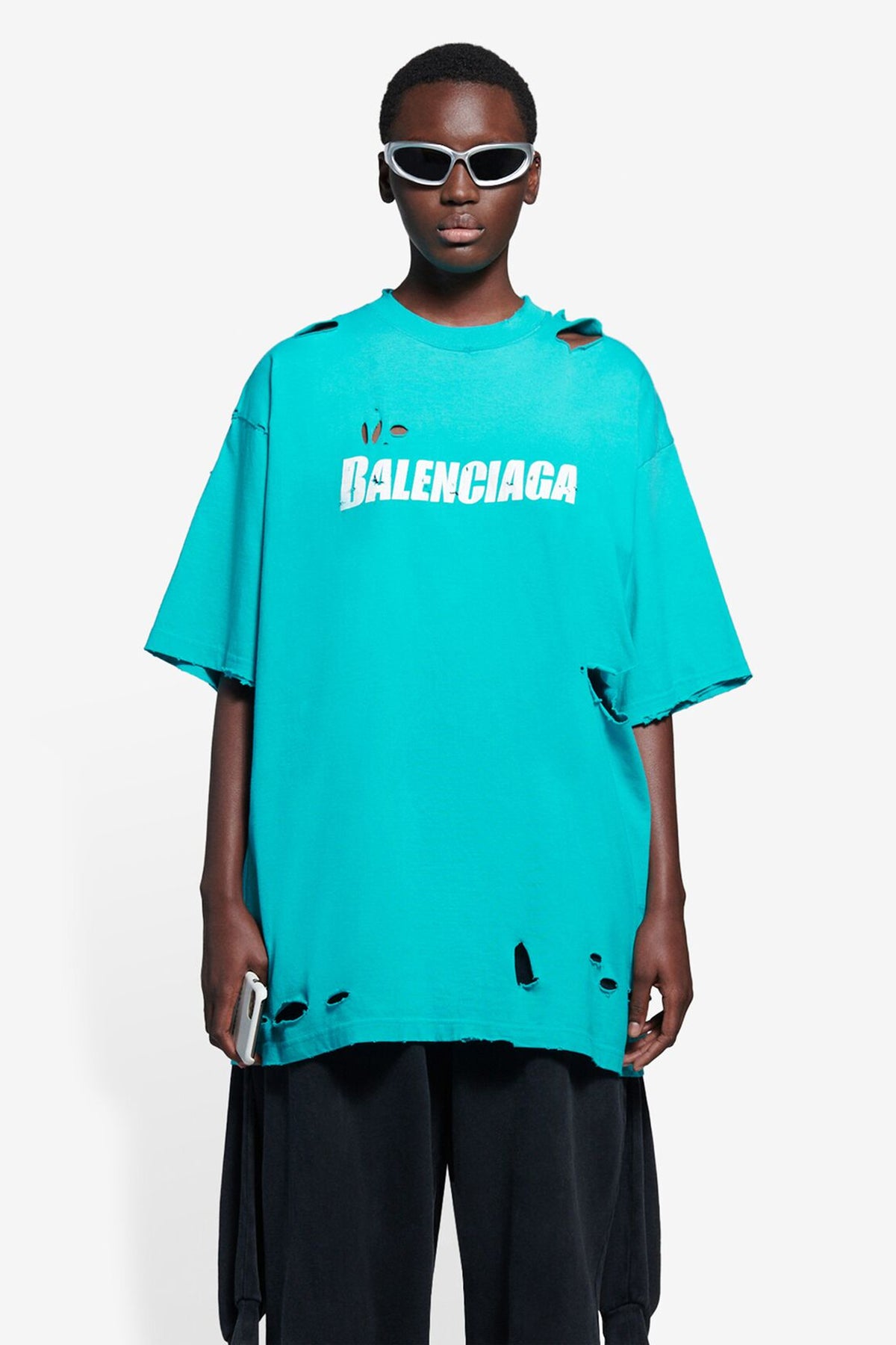 balenciaga blue ripped shirt