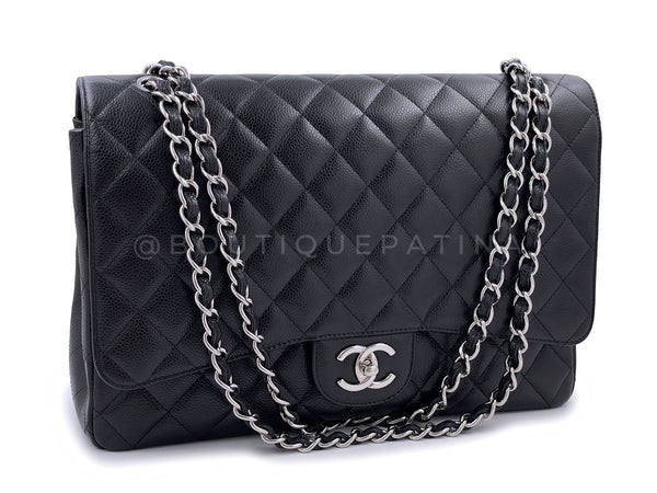 CHANEL Black Caviar Leather Classic Maxi Double Flap Bag Silver Hardwa -  The Purse Ladies