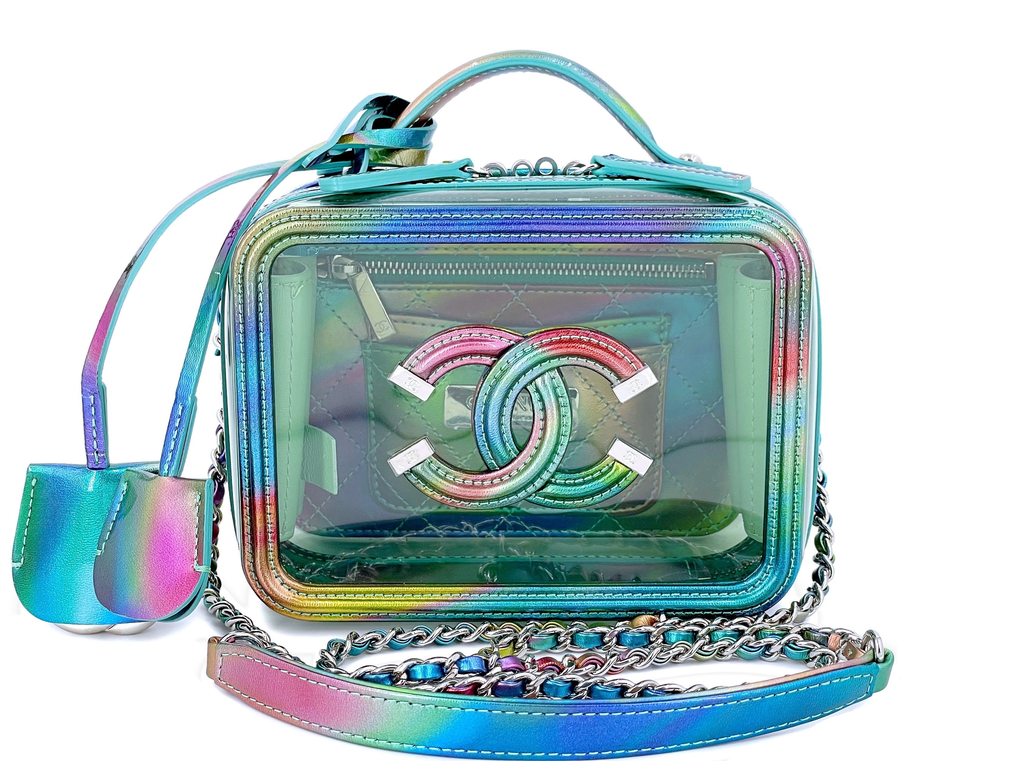RARE! 🌸19C CHANEL Caviar Vanity Filigree CC 🌸 Small Pink Stripe Case SHW  Bag