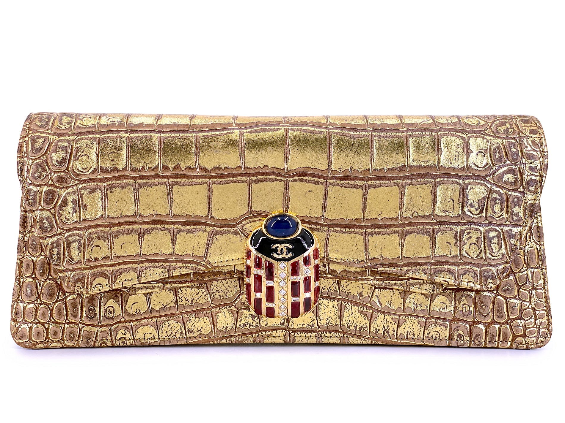 image of Chanel 19A Egyptian Crocodile Print Scarab Clutch Gold Paris-New York Bag TI9