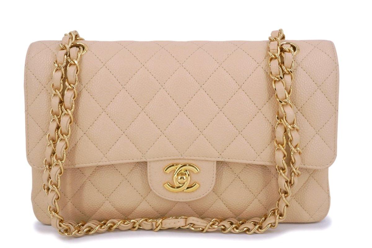 Chanel Beige Quilted Caviar Medium Classic Double Flap Silver