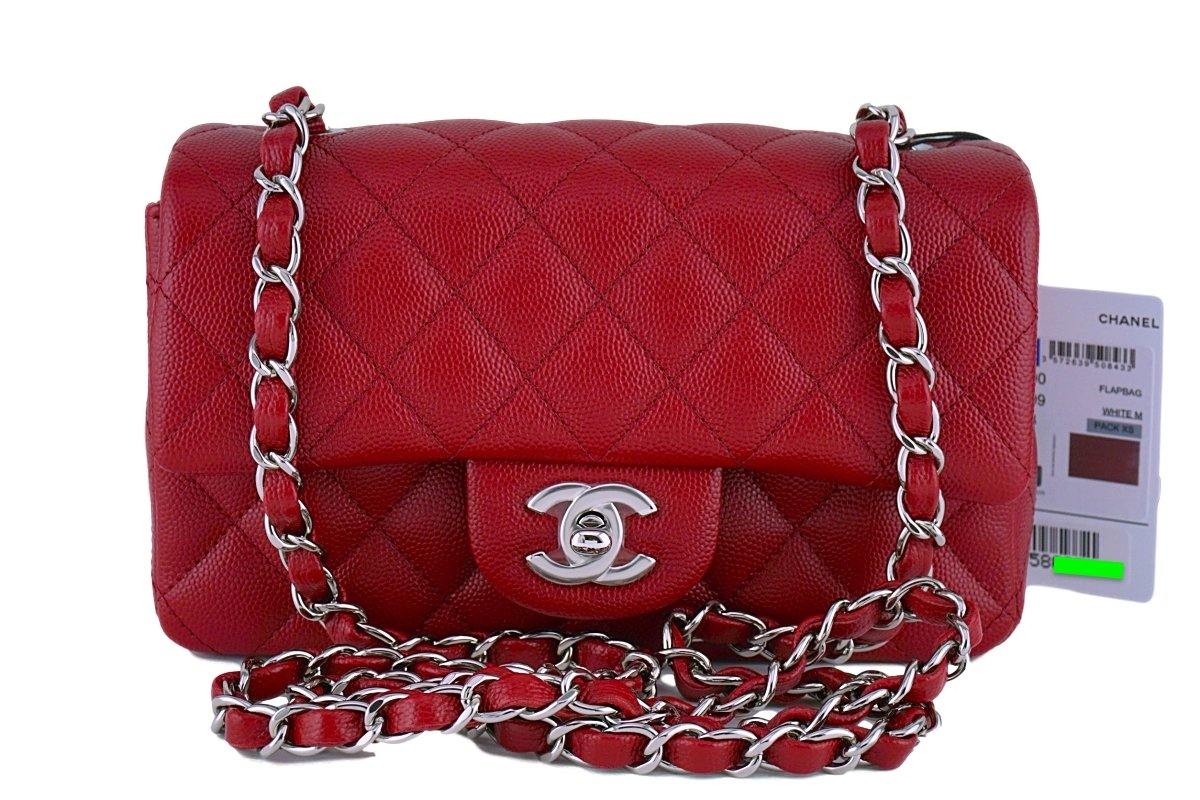 Chanel 17b Mini Caviar Square Dark Raspberry Red Silver HW