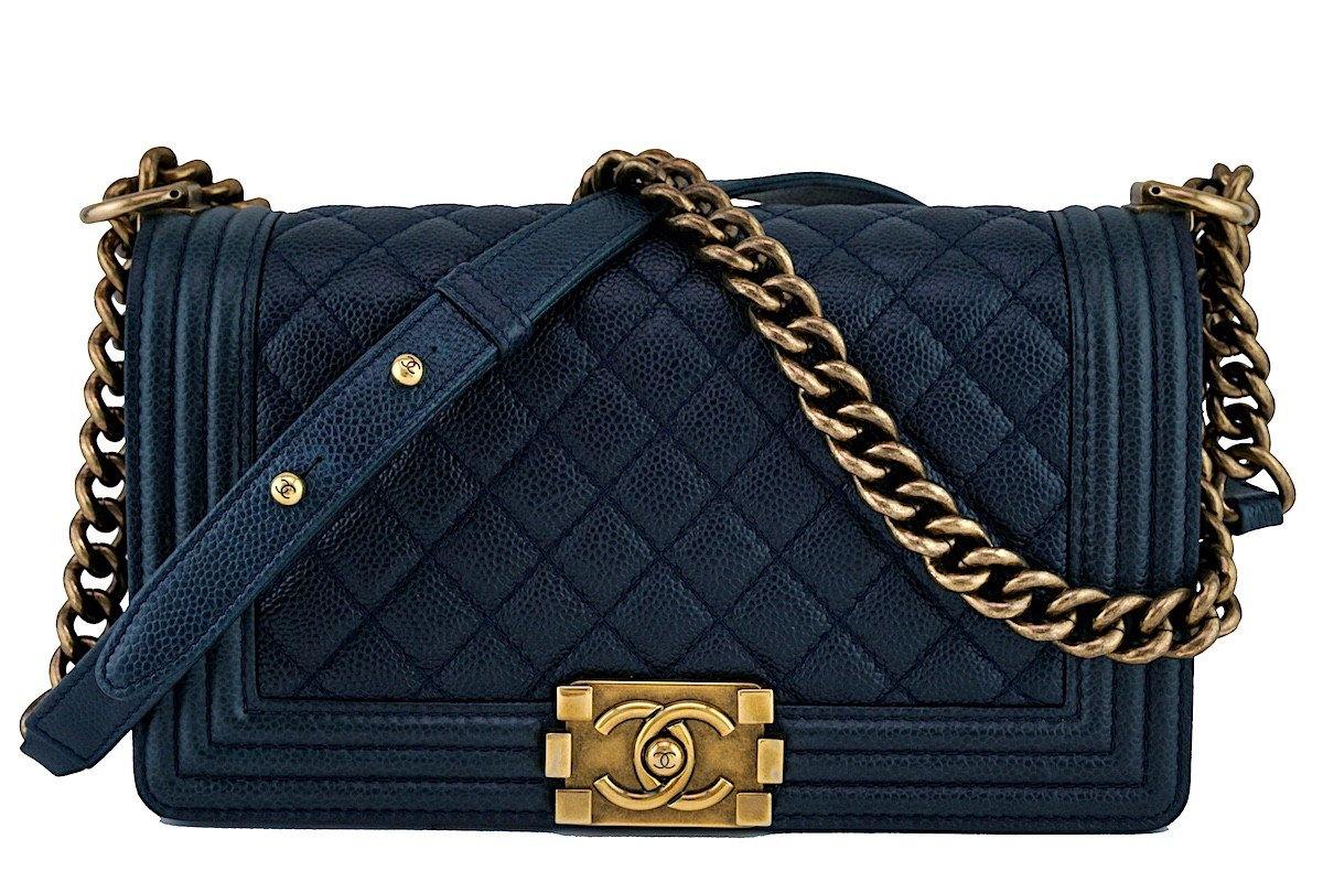 CHANEL Caviar Chevron Quilted New Medium Boy Flap Blue | FASHIONPHILE