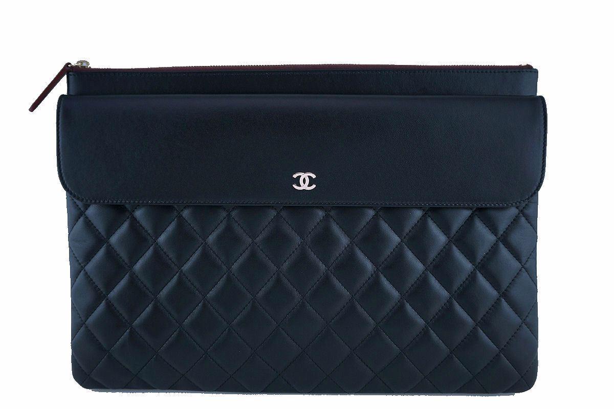 NWT Chanel Black Classic Quilted Large O Case Flap Clutch Purse