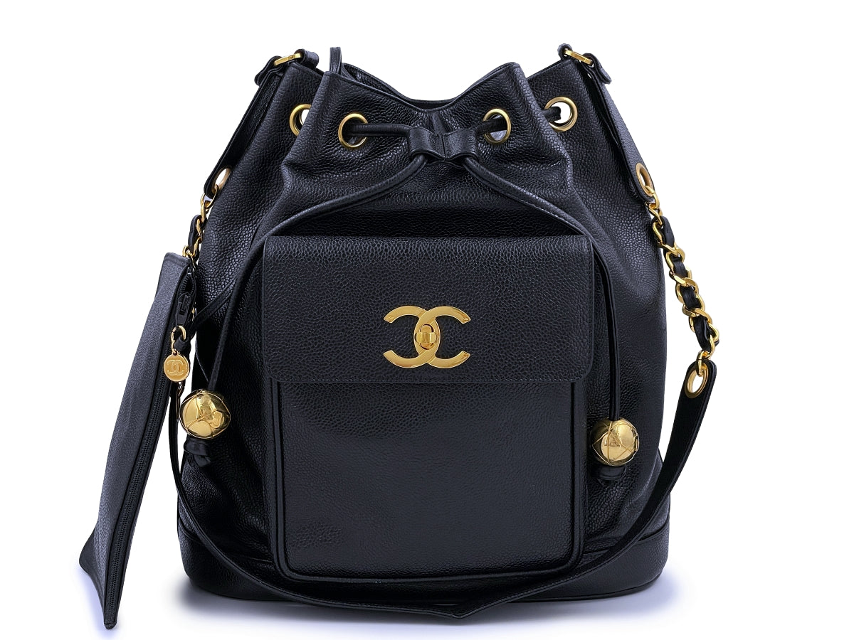 CHANEL Lambskin Bucket Chain Drawstring Bag Black | FASHIONPHILE