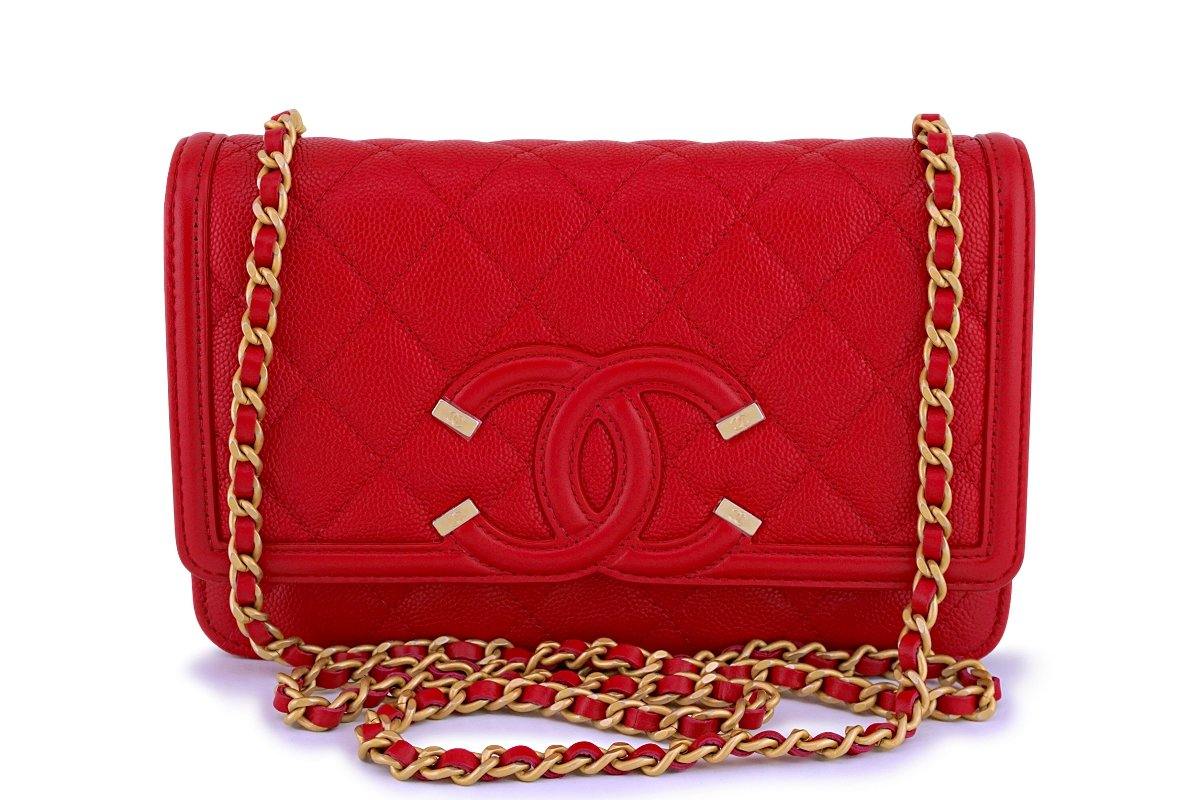 NIB 18P Chanel Red Caviar Filigree WOC Wallet on Chain Flap Bag ...