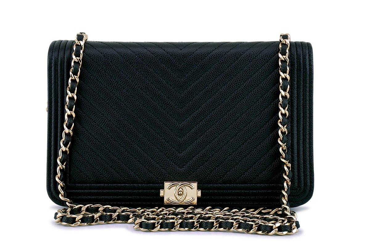 NIB Chanel Black Caviar Chevron Boy Classic WOC Wallet on Chain Flap B