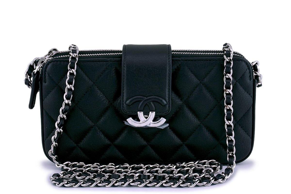New 18P Chanel Black CC Double Zip Clutch Wallet on Chain WOC Bag ...