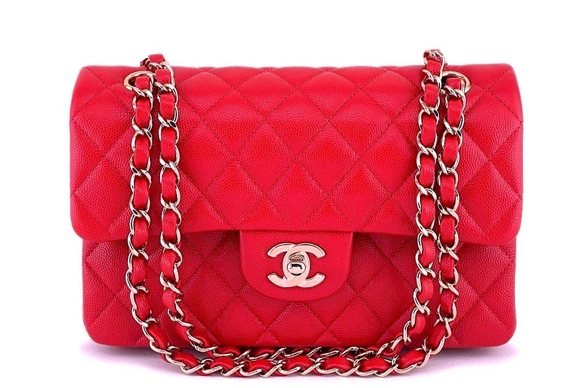 Pre-owned Chanel Medium Classic Double Flap Bag Red Caviar Light Gold  Hardware