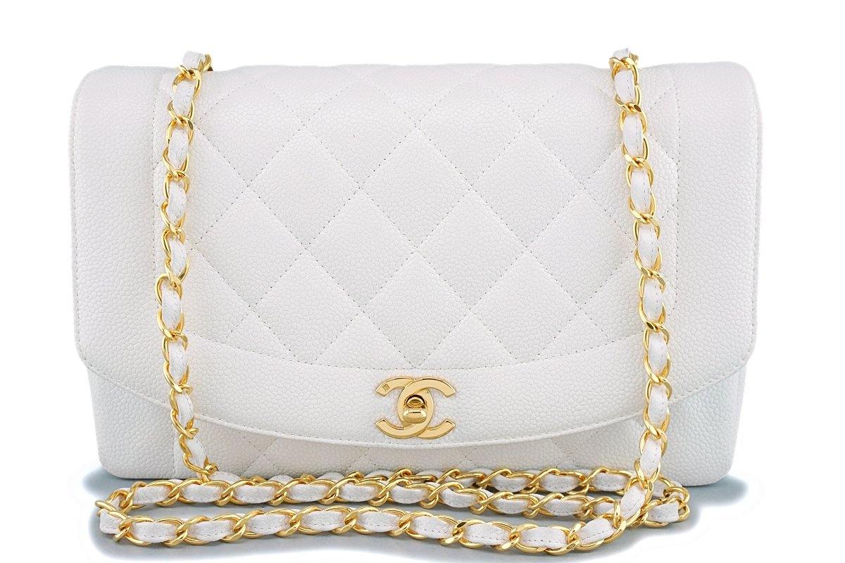 Vintage Chanel Medium Diana Flap Bag White Caviar Gold Hardware