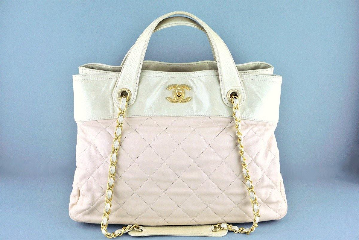 Chanel Beige Quilted Glazed Leather Front Pocket Large Tote Bag