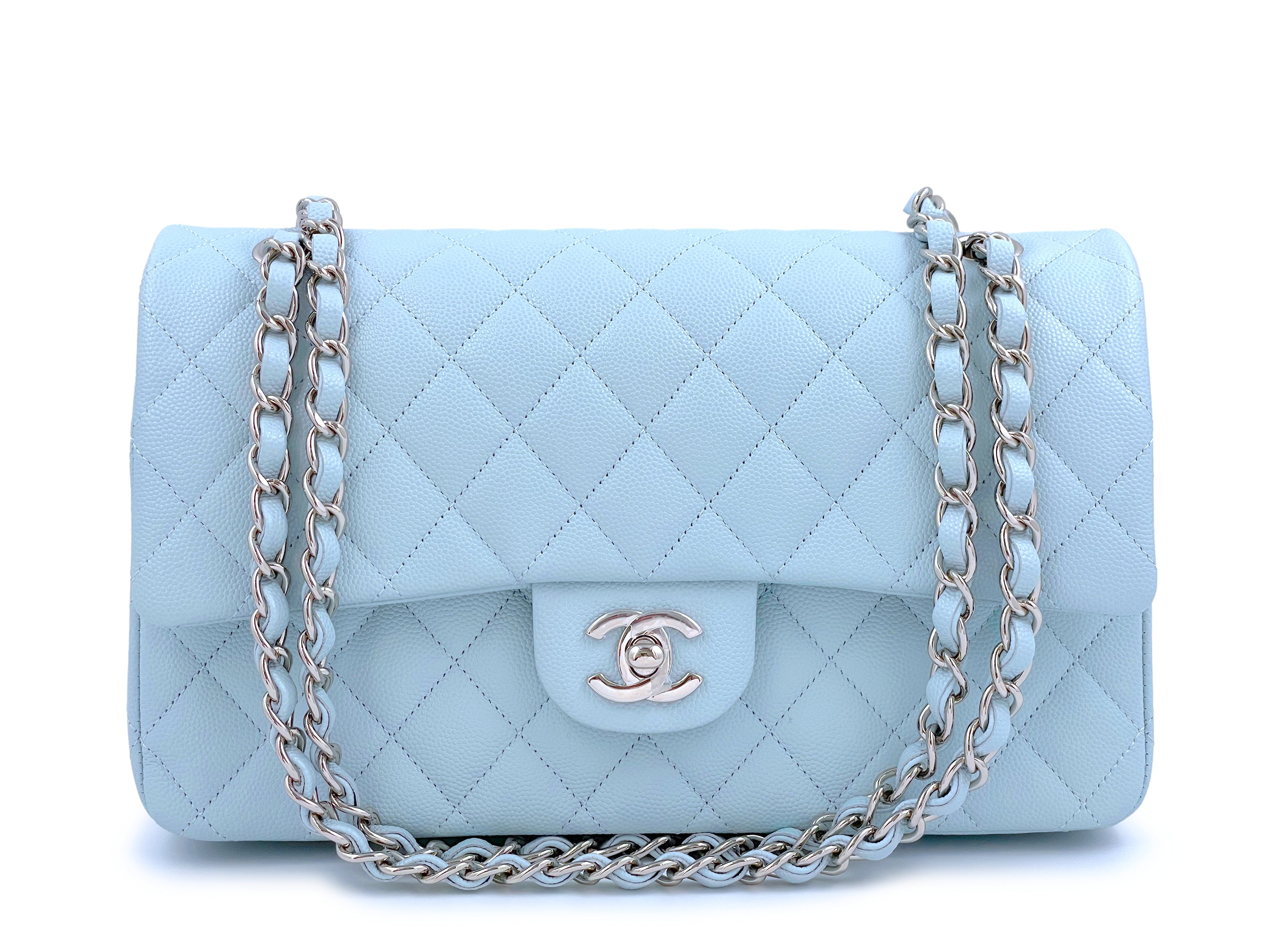 NIB 21K Chanel Light Pale Blue Caviar Classic Medium Double Flap