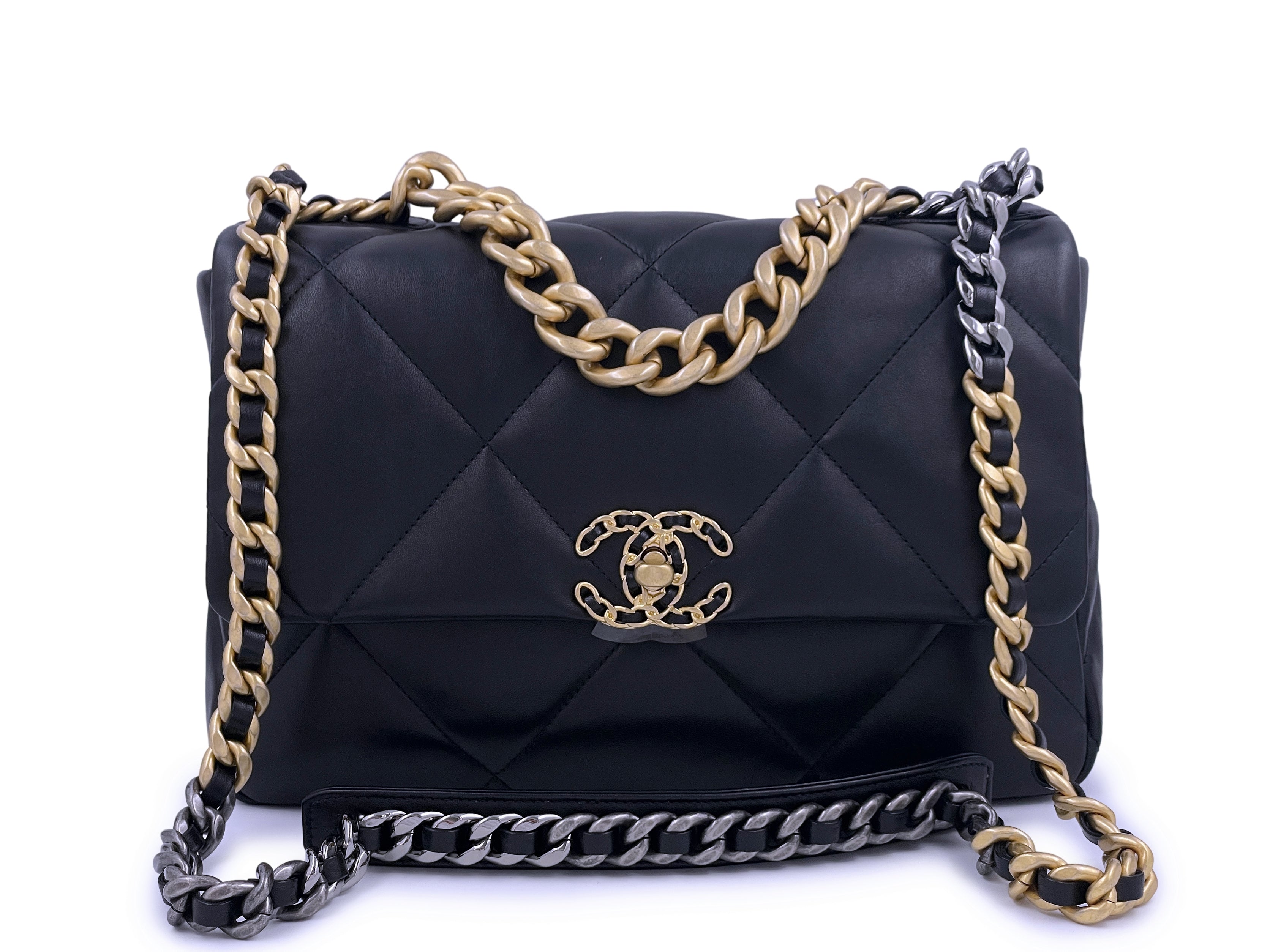 CHANEL Shiny Goatskin Quilted Small Chanel 19 Pouch With Handle Black  643415