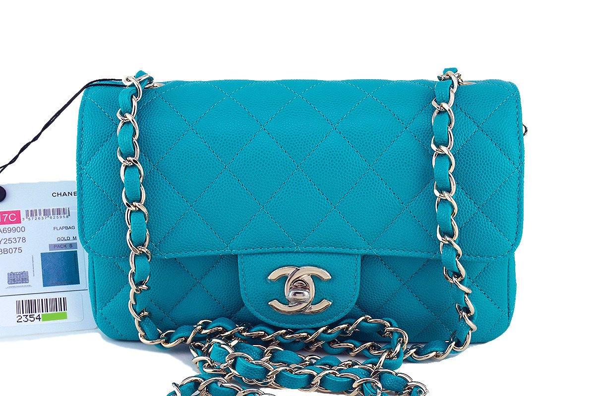 Chanel timeless double flap bag in turquoise Lambskin with gold hardware.