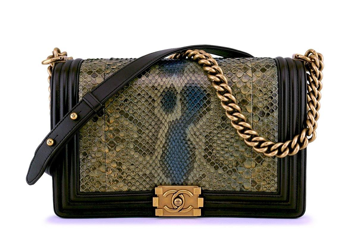 Chanel Python Olive Brown Exotic Classic Boy Flap Bag GHW