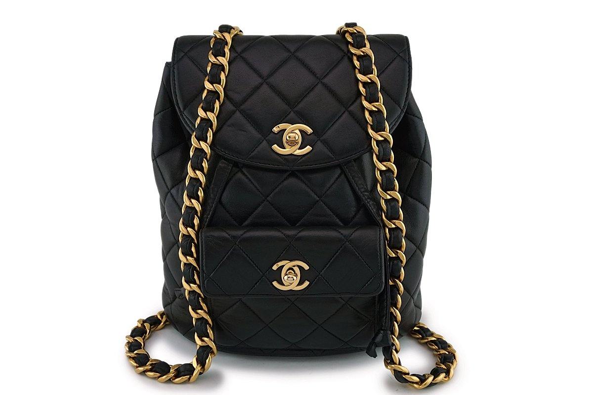 Chanel Vintage Black Lambskin Classic Quilted Backpack Bag 24k