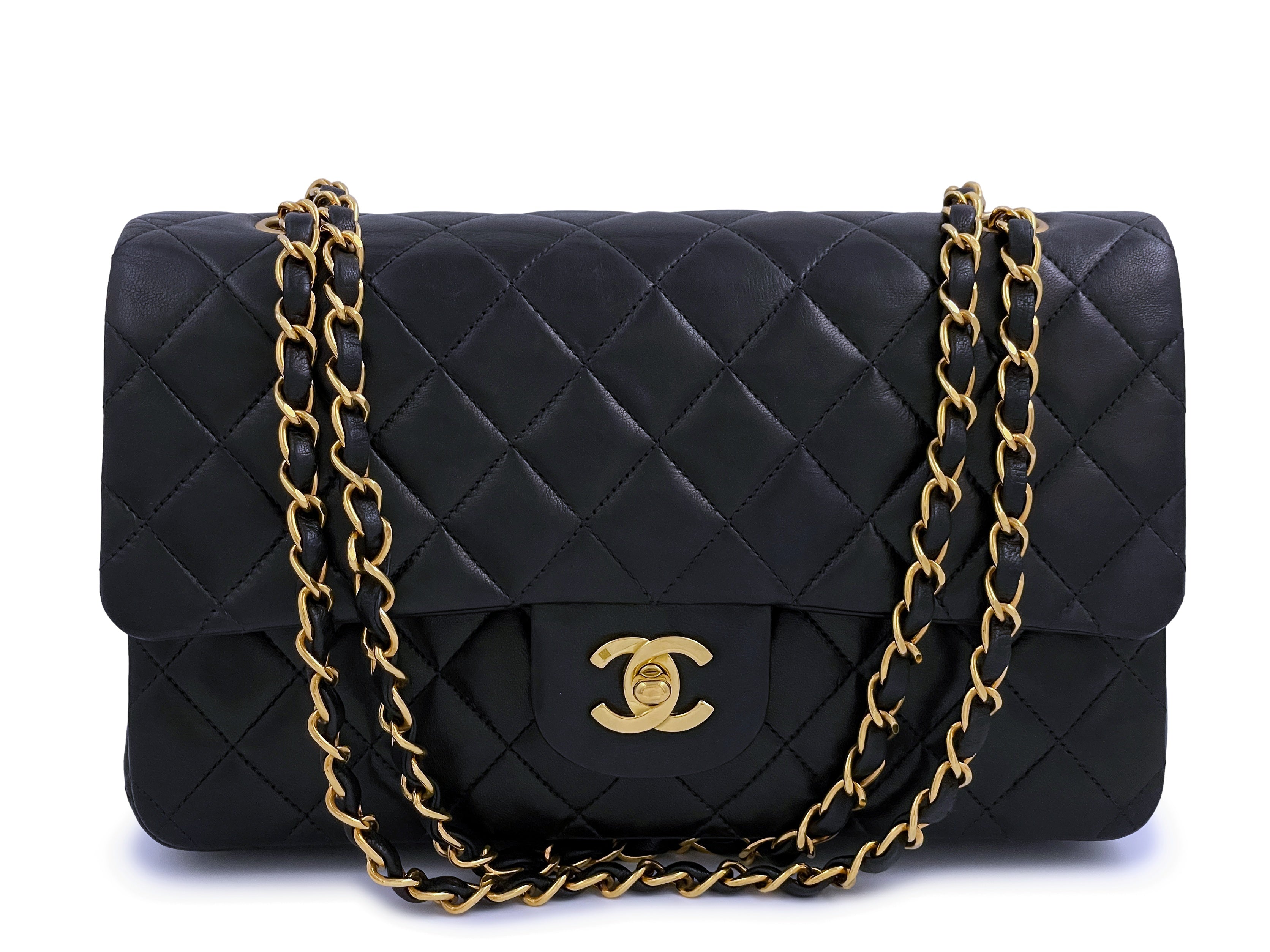 FULL SET CHANEL Vintage Classic Black Lambskin 24K Gold Chain Medium Flap  Bag