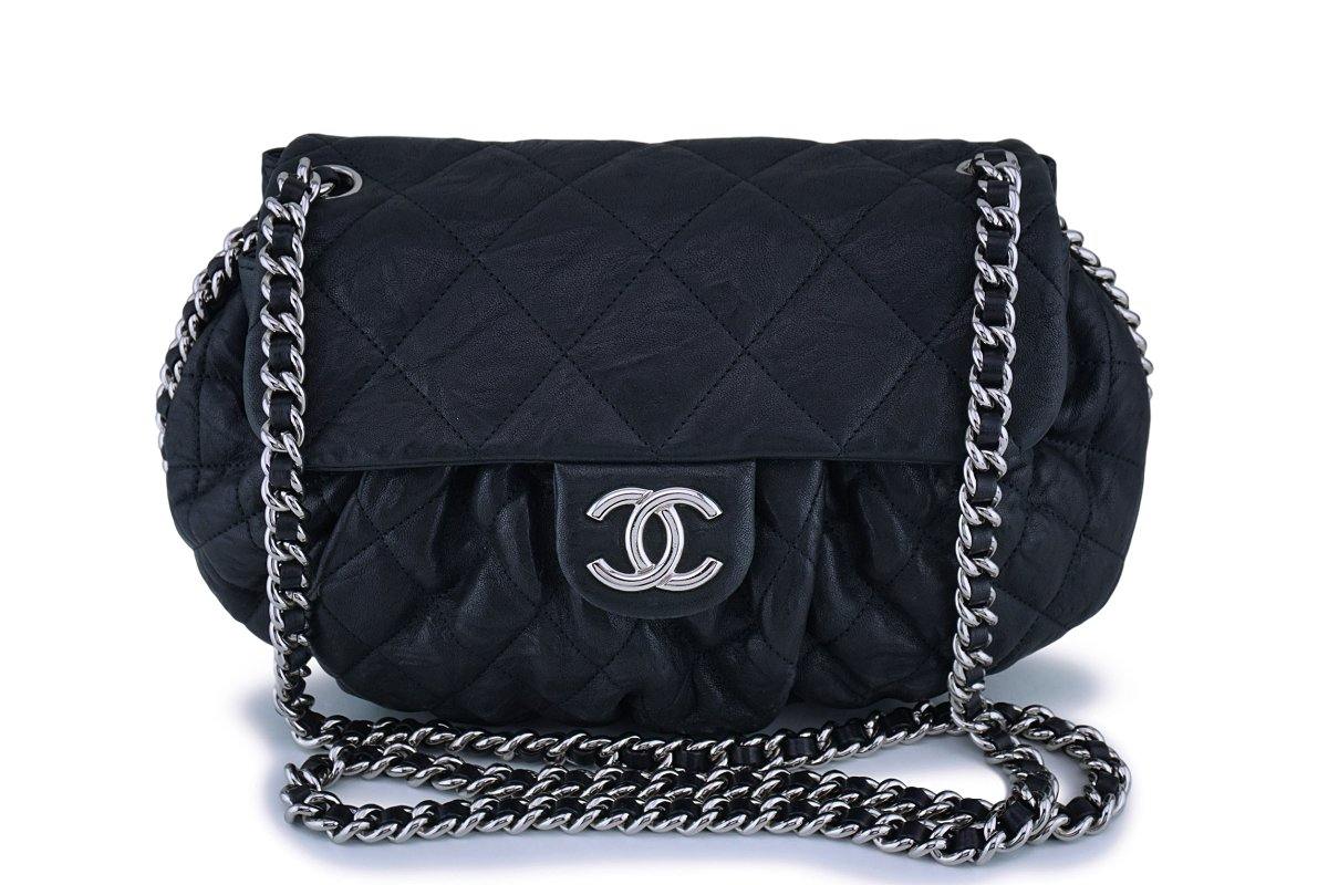 Chanel Black Textured Calf Medium Chain Around Crossbody Flap Bag SHW