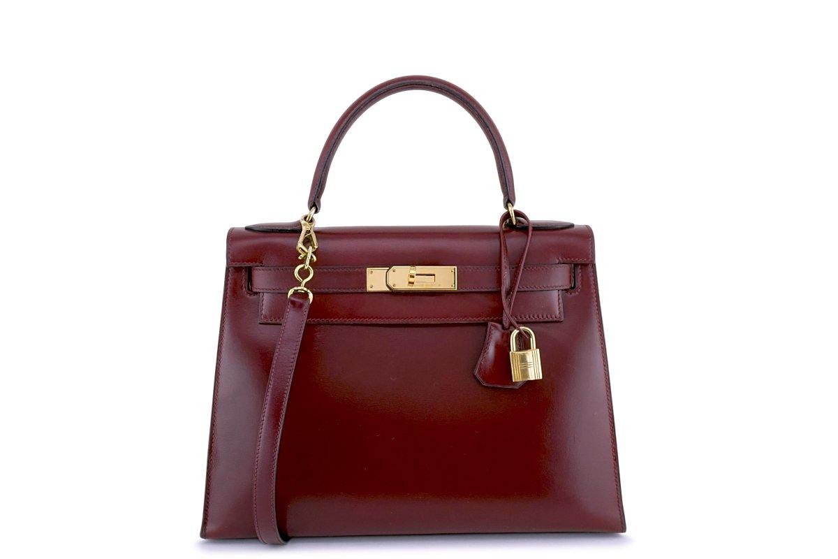 HERMES KELLY 28 SELLIER 2way Hand Bag Natural Rouge H Toile H Box calf □G  64381