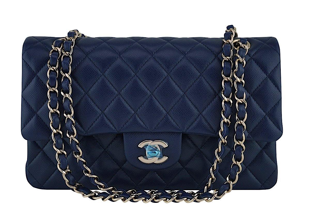 Medium flap (aka 1112 flap) in navy blue caviar leather and gold