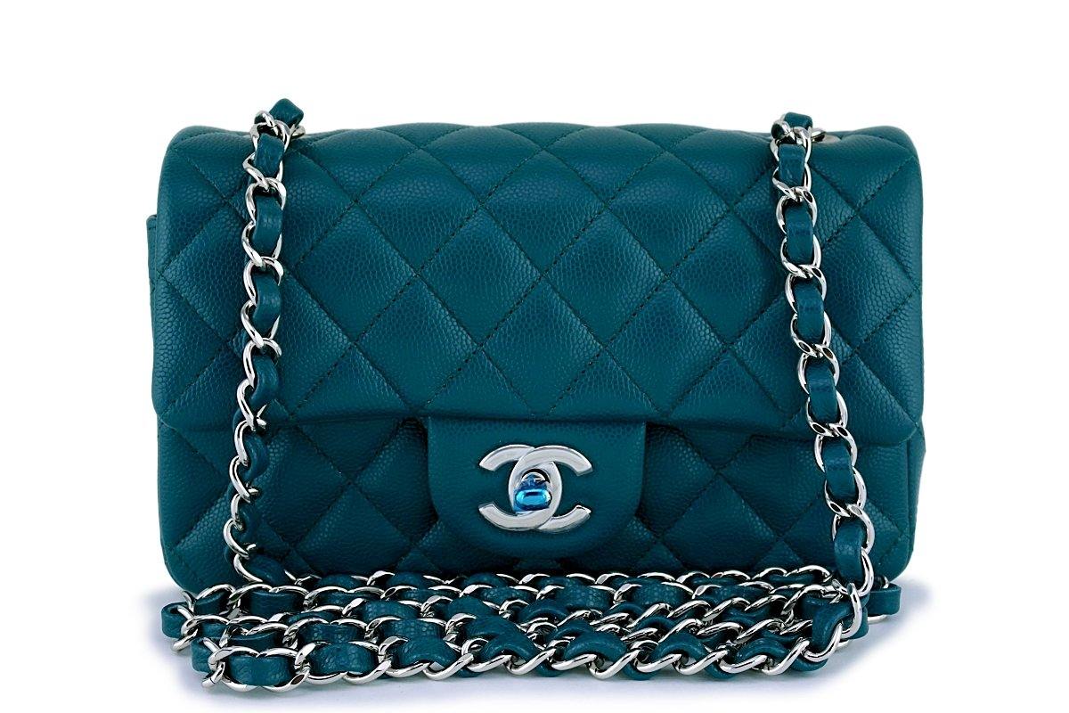 New Chanel 18B Dark Turquoise Caviar Rectangular Mini Flap Bag SHW
