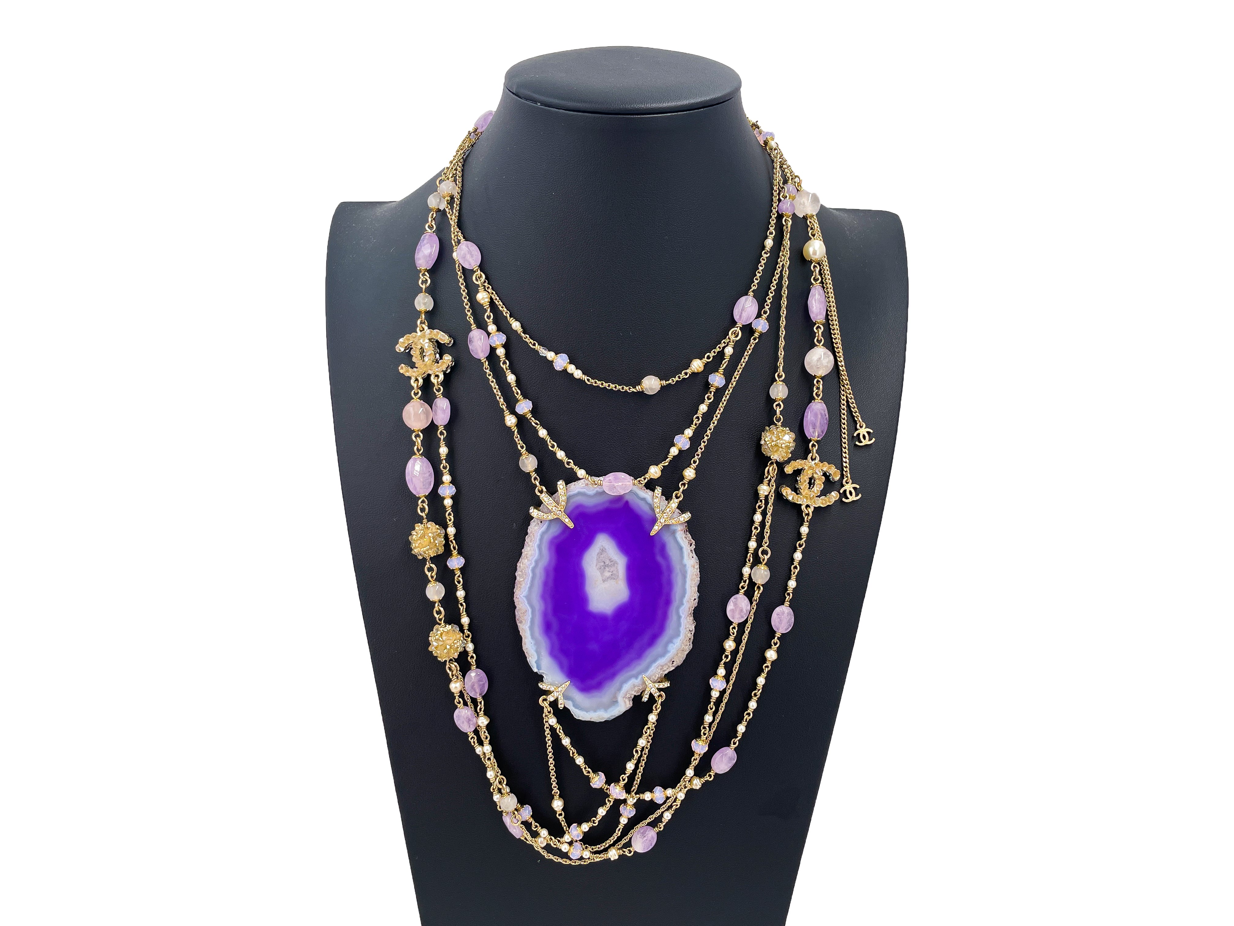 Chanel 12A Violet Purple Agate Stone Crystal Beaded 6 Strand