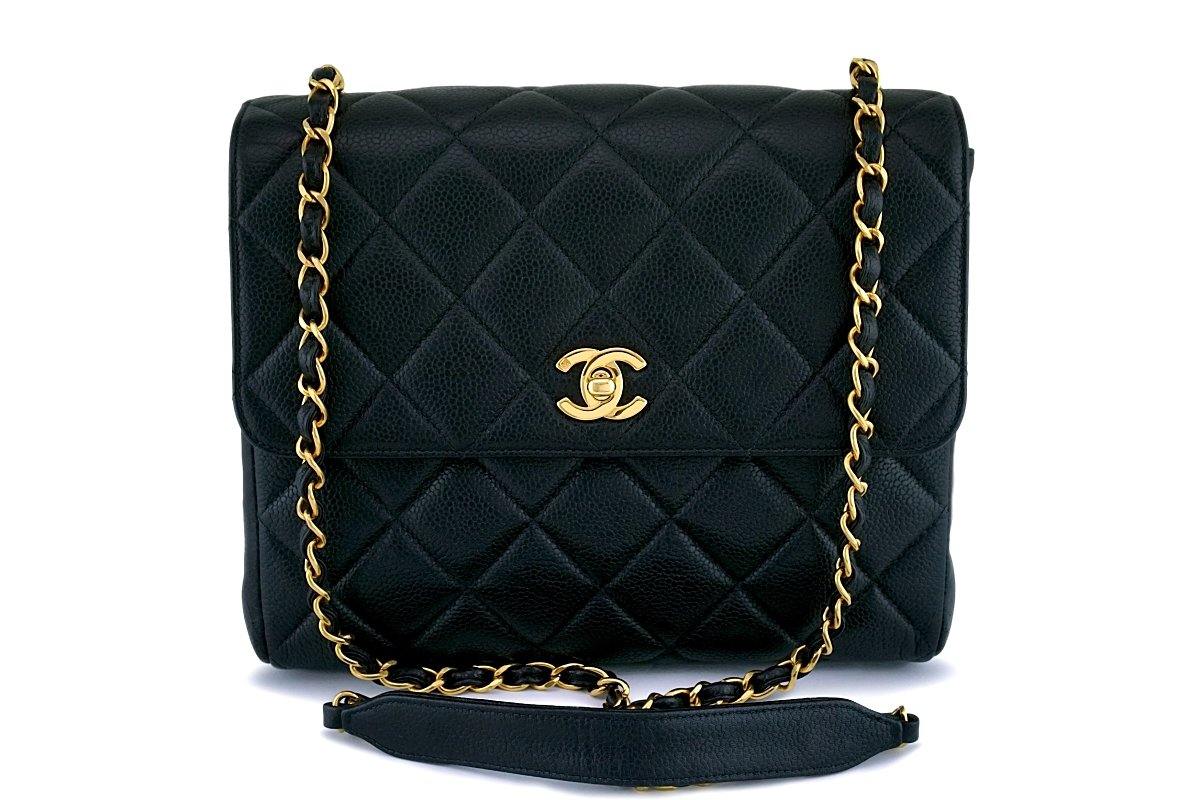 Chanel Vintage Square Classic Single Flap Bag Quilted Caviar Jumbo