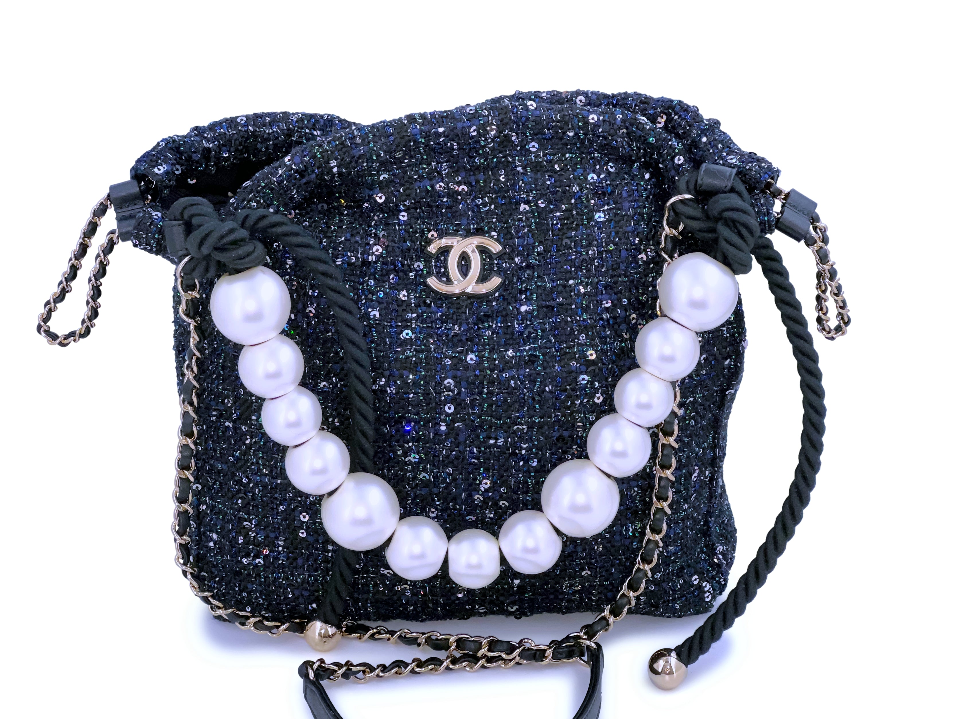 Chanel Black/Silver Striped Sequin Mademoiselle Chain Small Tote