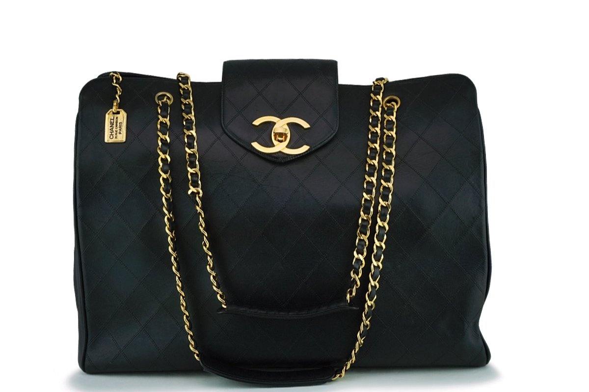 Chanel Vintage Black Weekender Supermodel XL Shopper Tote Bag 24k GHW