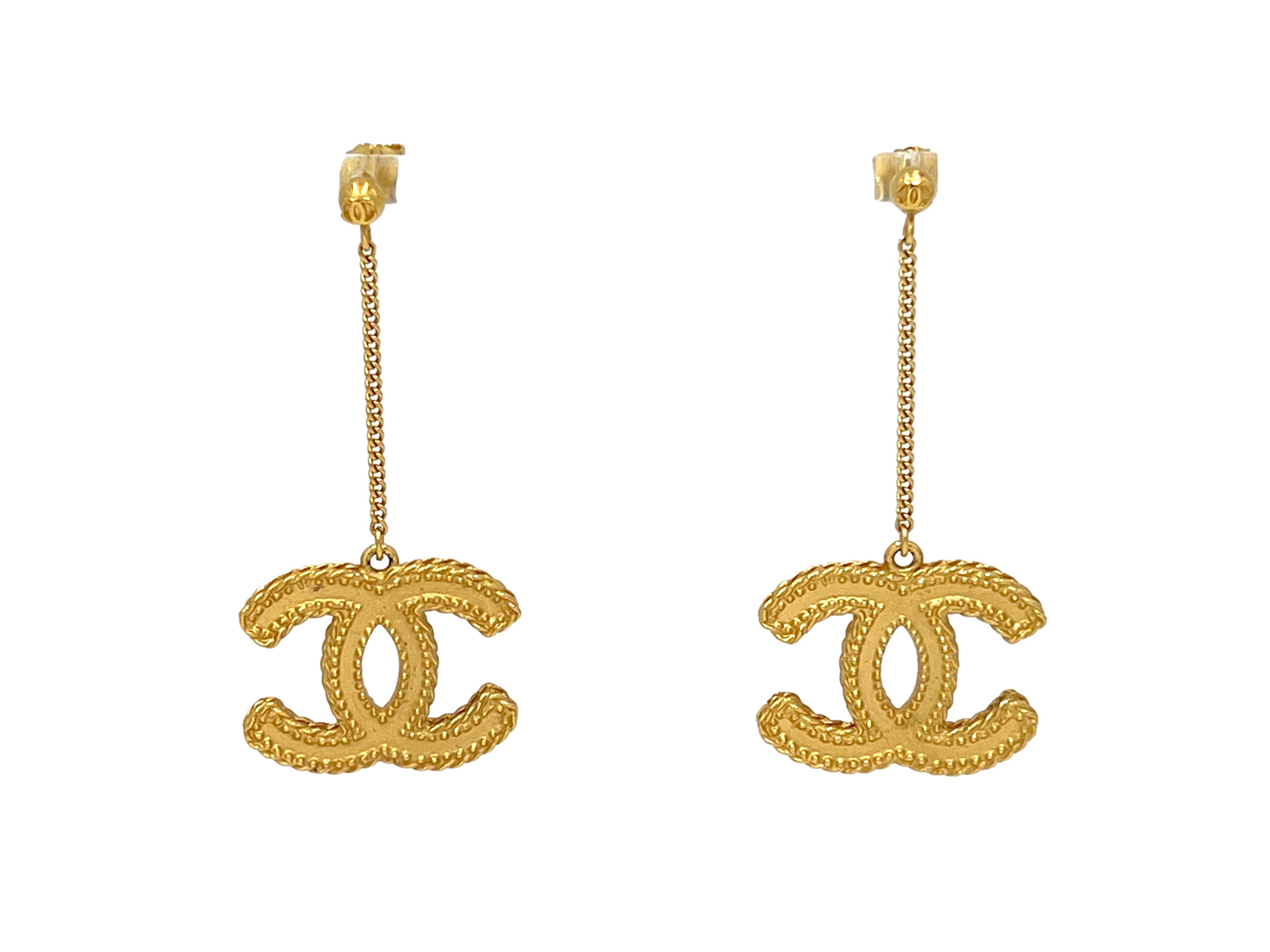 Chanel 12P Brushed Gold CC Logo Dangle Drop Pierced Earrings – Boutique  Patina