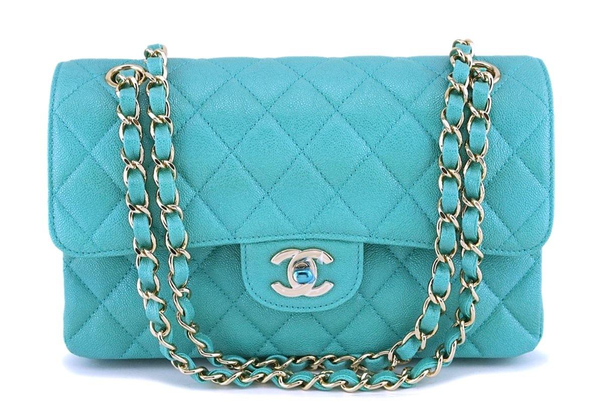 Chanel Medium Classic Double Flap Bag Green Iridescent Lambskin Light Gold  Hardware