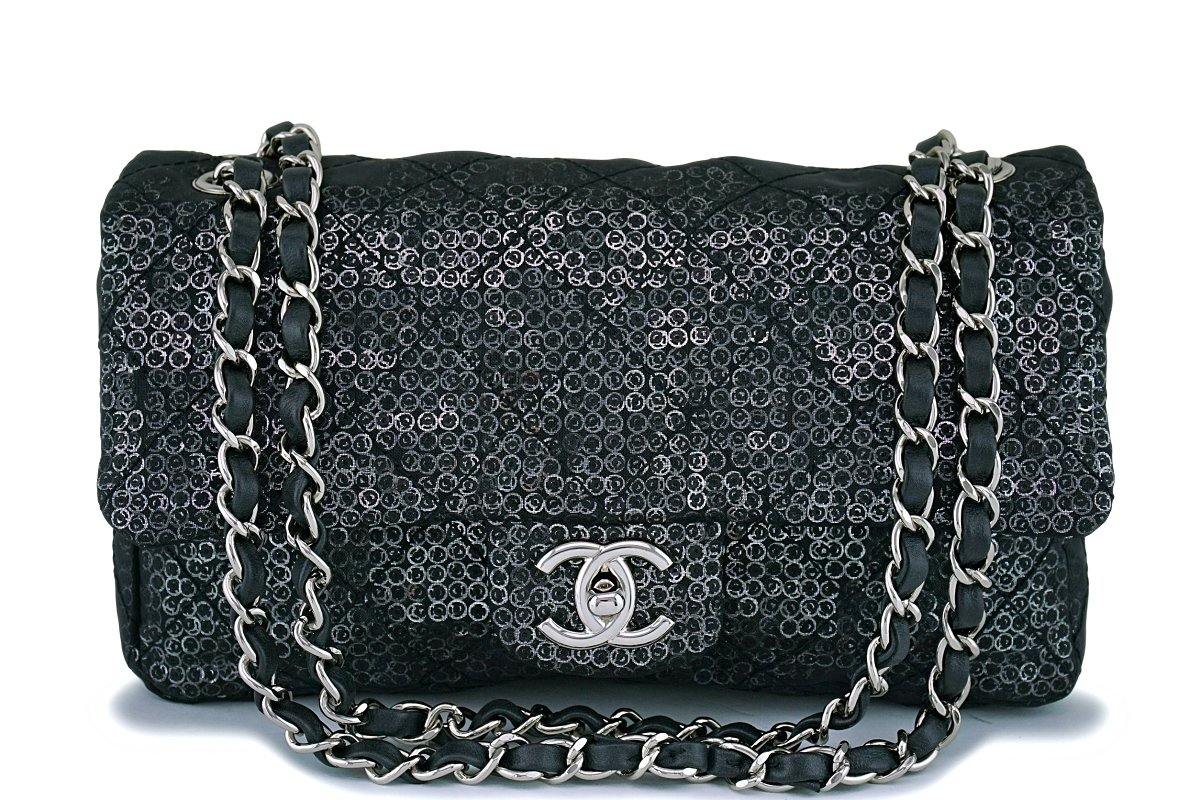 CHANEL, Bags, Chanel Sequin Flap Bag Silver Black Grey New 0