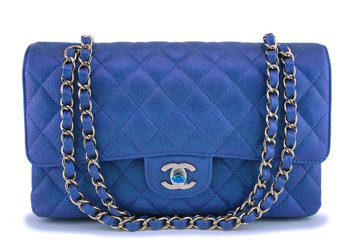 NIB 19S Chanel Iridescent Blue Caviar Medium Classic Double Flap Bag G