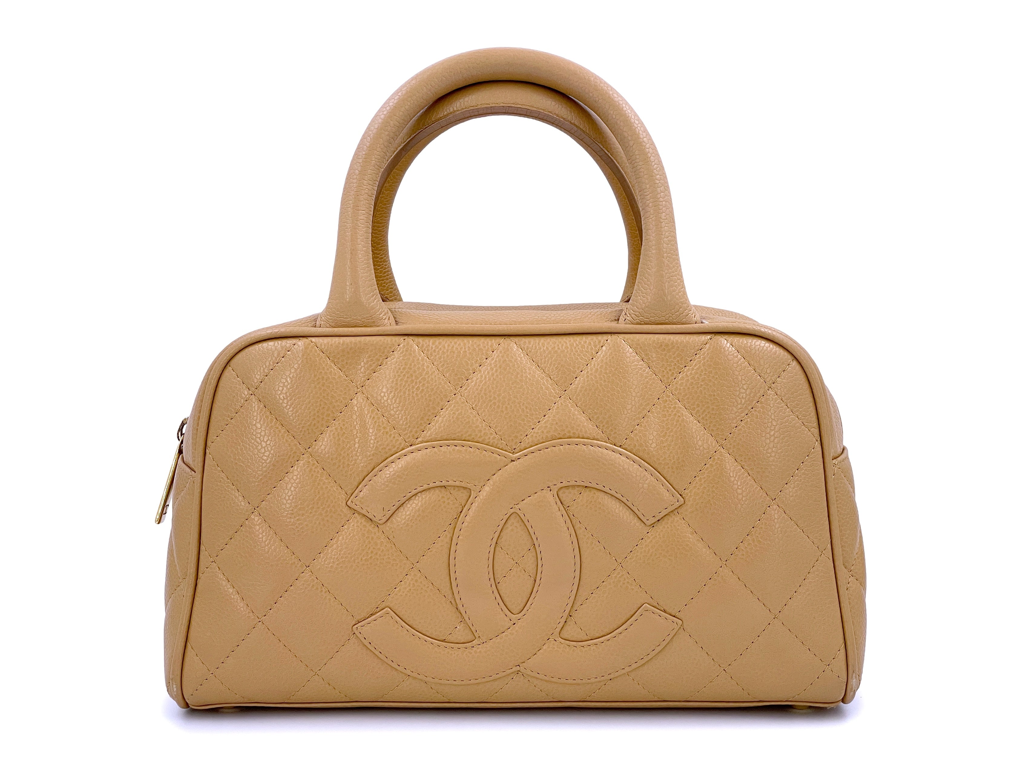 CHANEL CC Quilted Caviar Bowling Bag in Beige