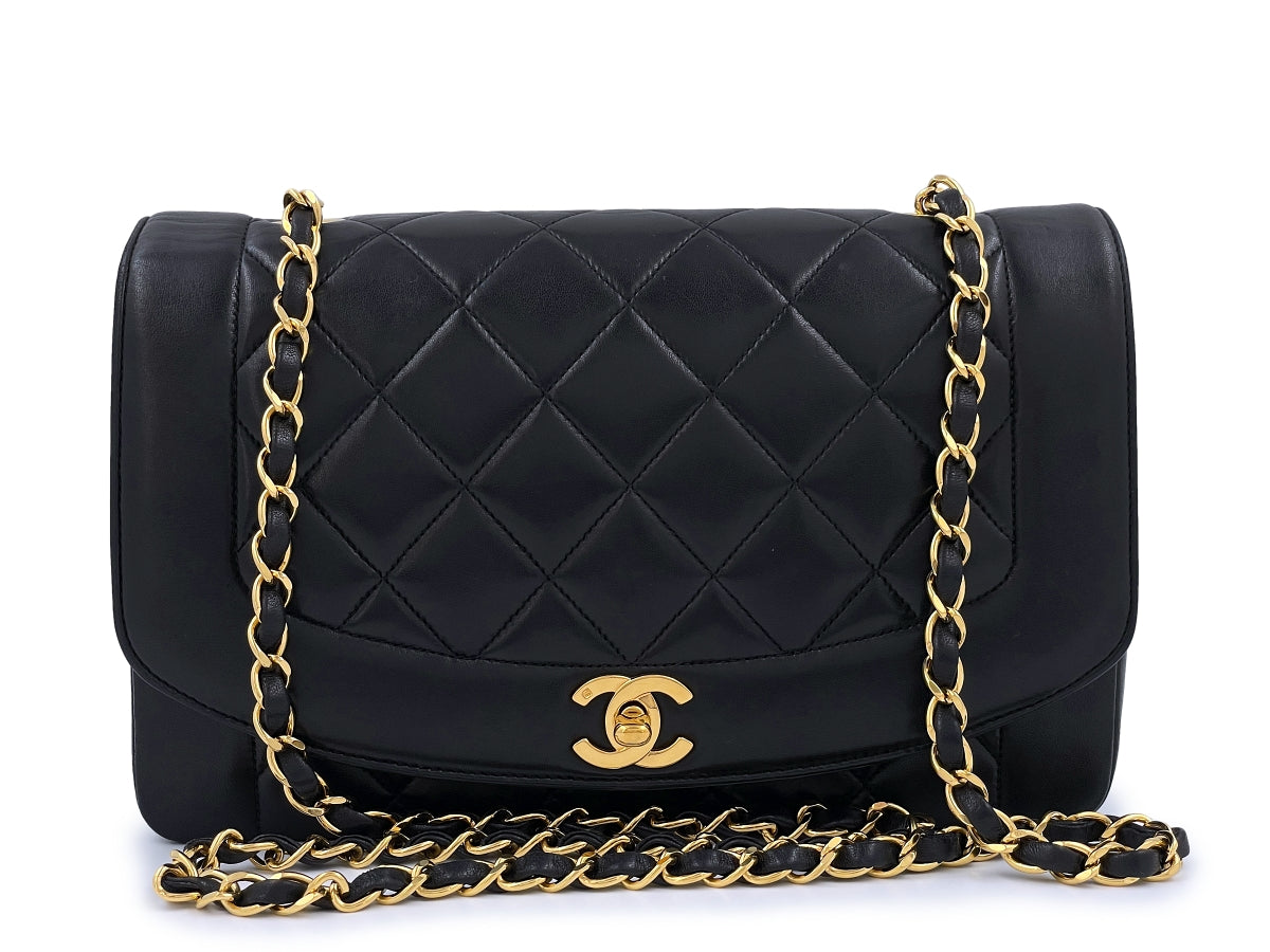 Chanel Vintage Diana Flap Bag Black Medium 24k GHW Pocket