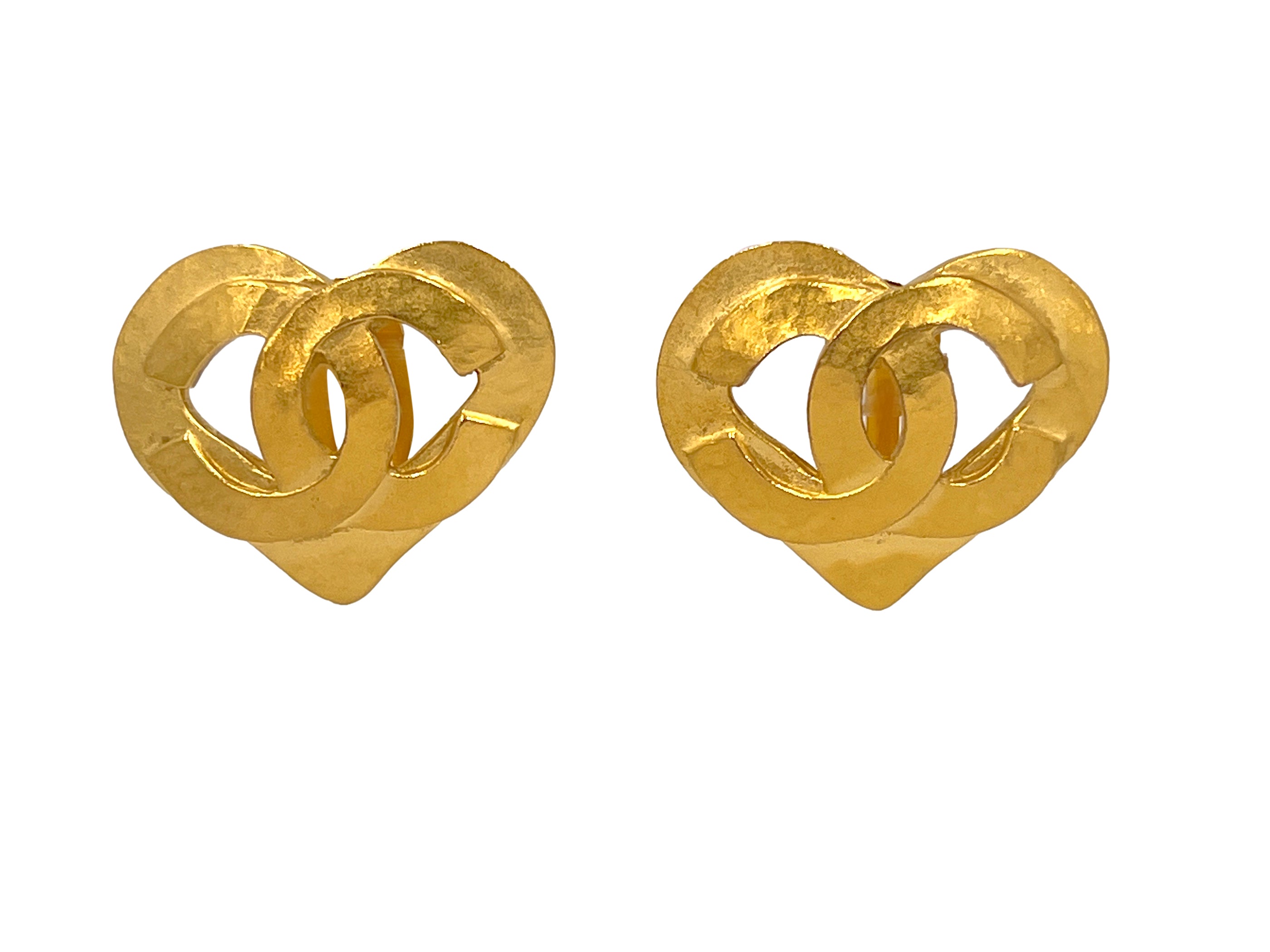 A Pair of Vintage Chanel 1993 Gold Toned Heart Clip On Earrings