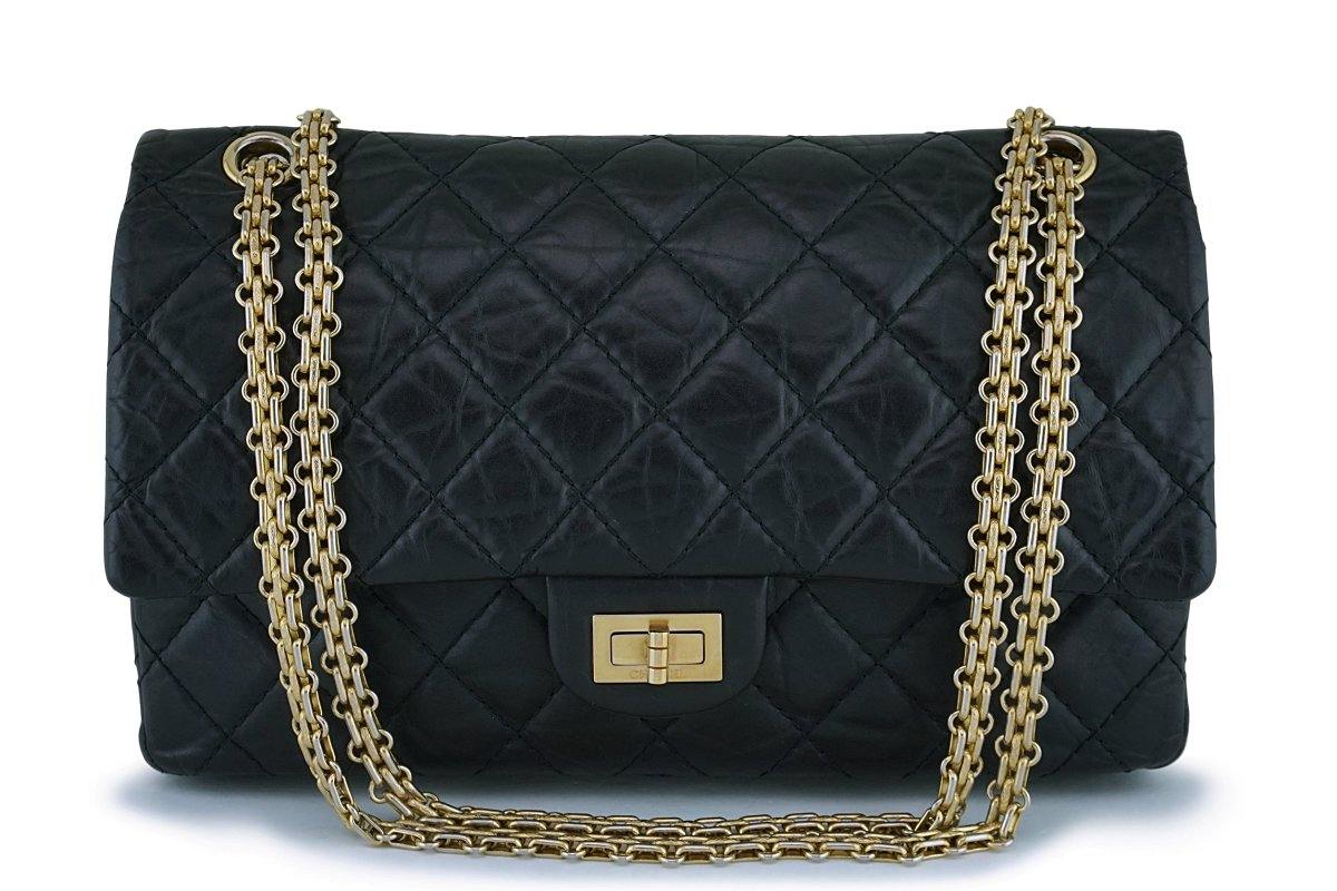 Authentic CHANEL Vintage Classic Medium 2.55 Flap Bag Black Lambskin GHW  RARE