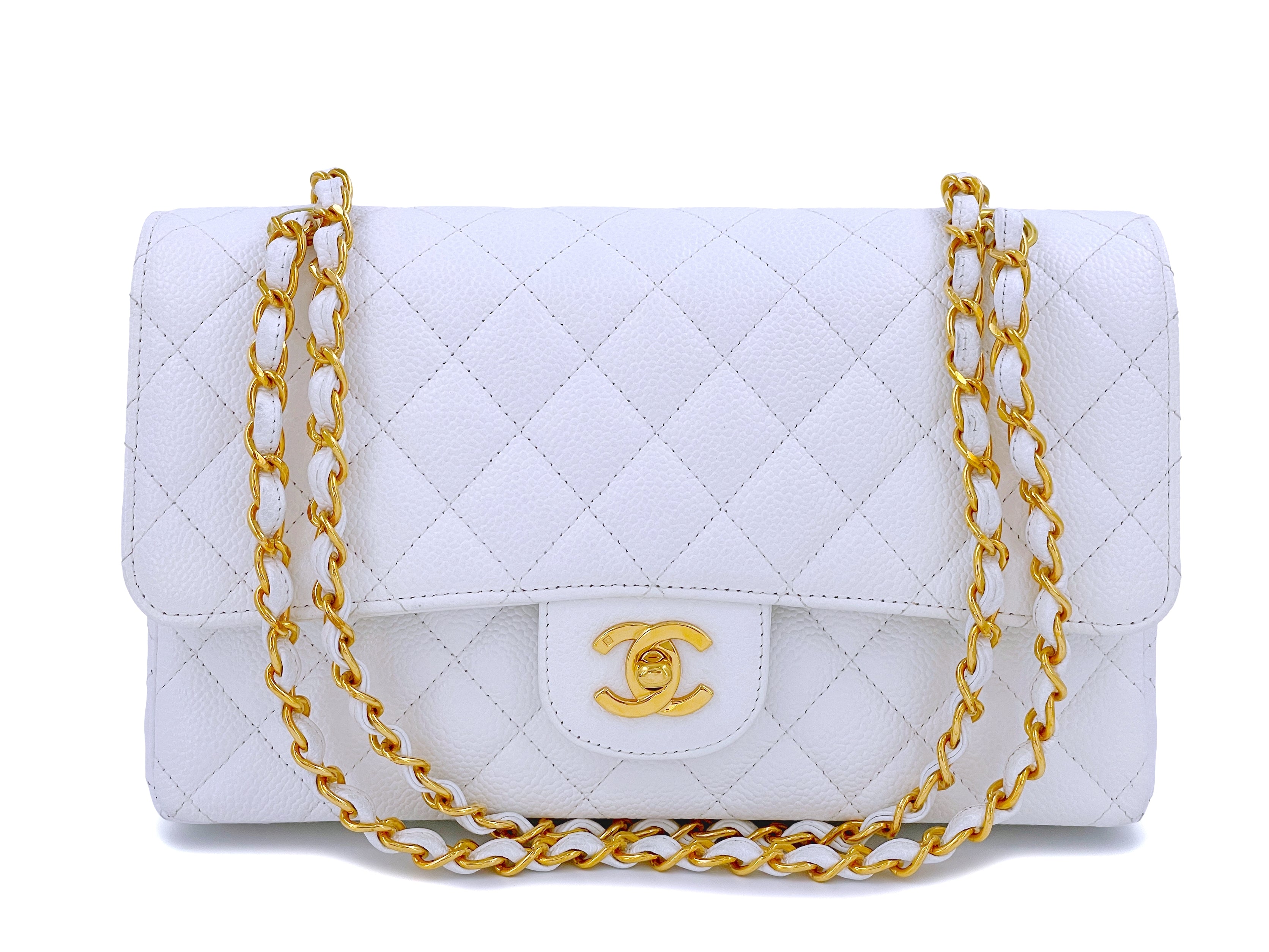 White Quilted Caviar Classic Double Flap Medium