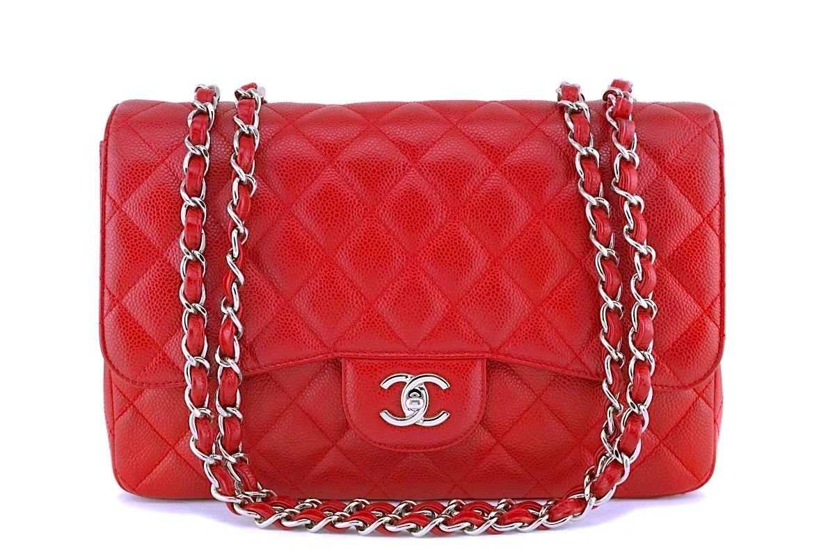 CHANEL Red Chevron Lambskin Leather Jumbo Classic Single Flap Shoulder Bag  | eBay