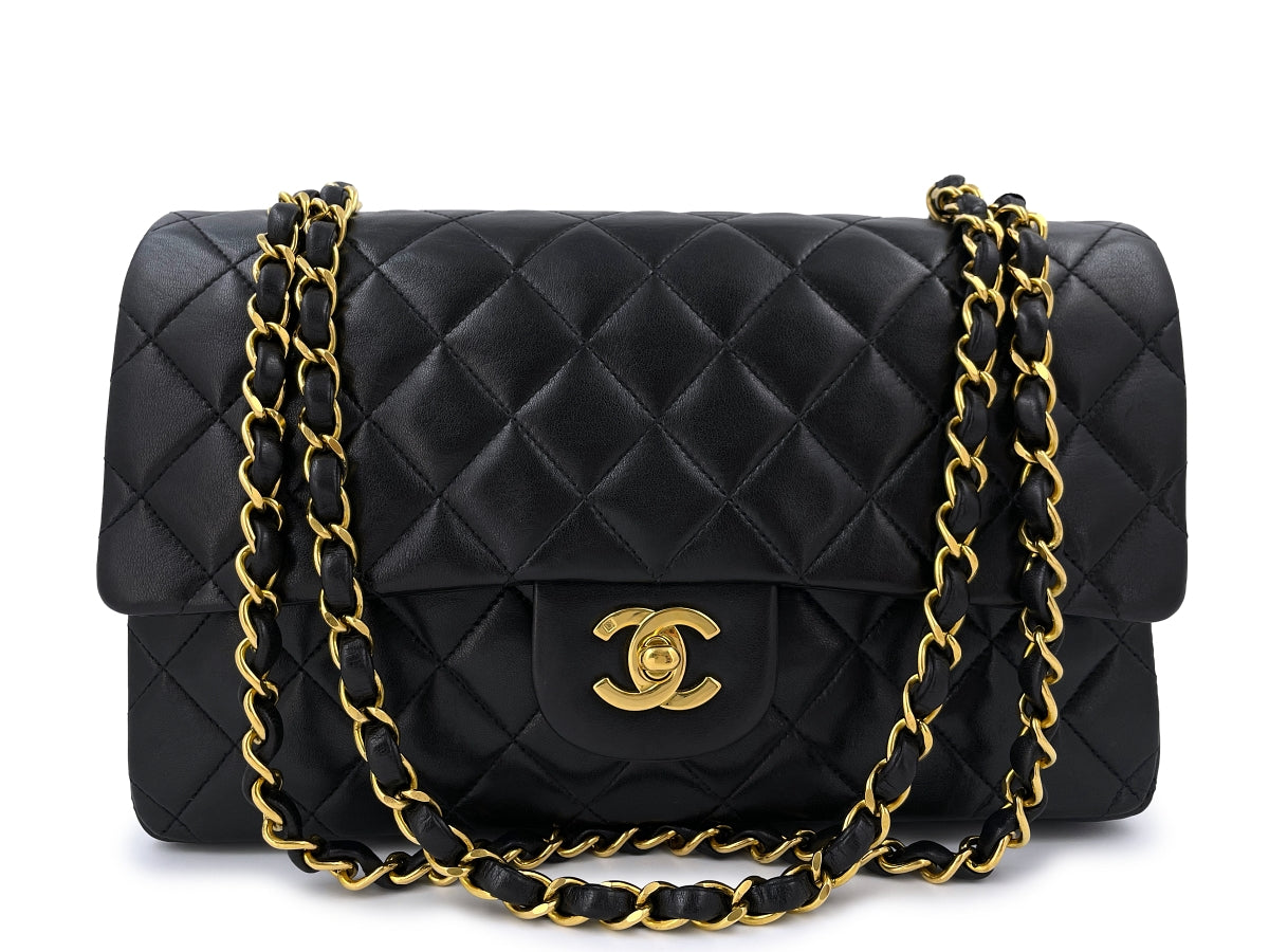 Classic handbag, Lambskin & gold-tone metal, black — Fashion