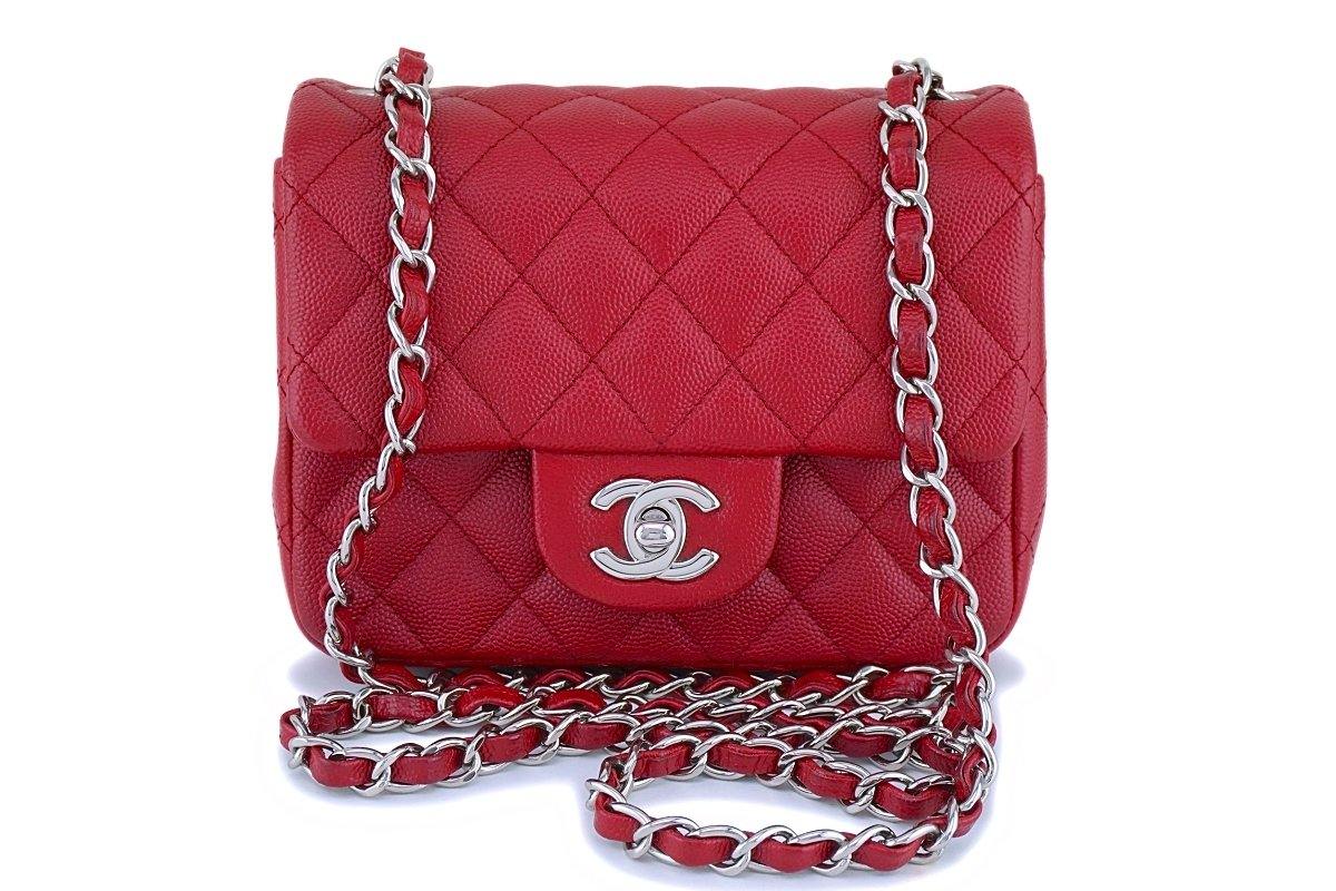 Square Mini Flap Bag Quilted Caviar Leather with SHW Hot Pink