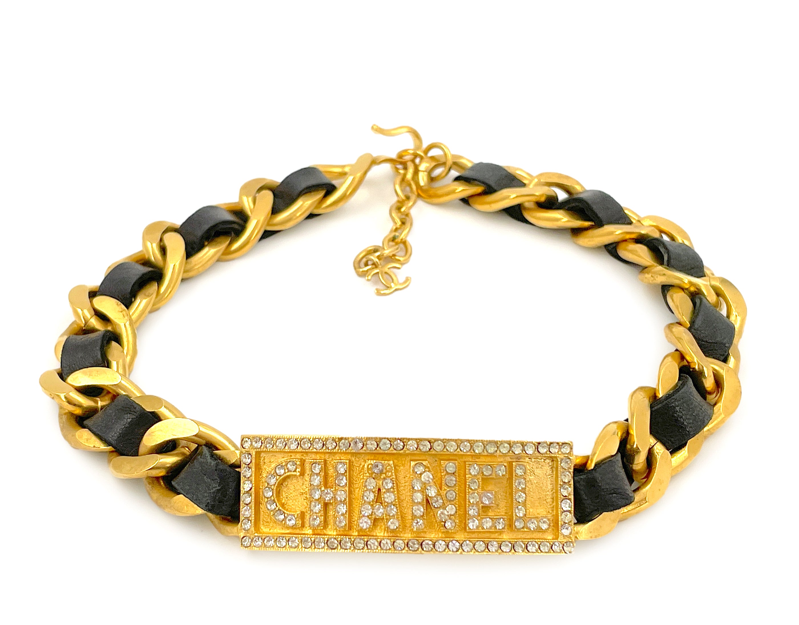 Rare Chanel Vintage 95P Barbie Crystal Letter ID Plate Woven Chain