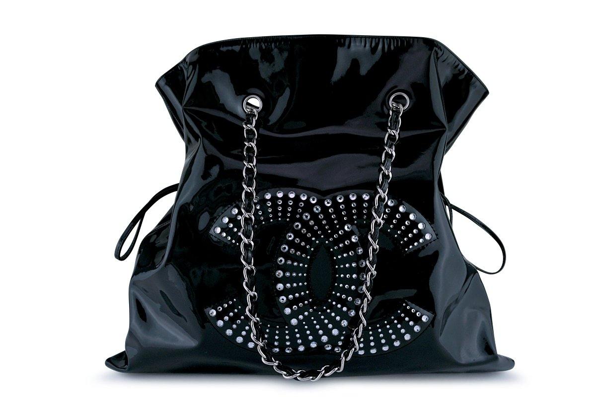 Chanel Black Patent Leather Bon Bon Crystal Logo Tote – Wopsters Closet