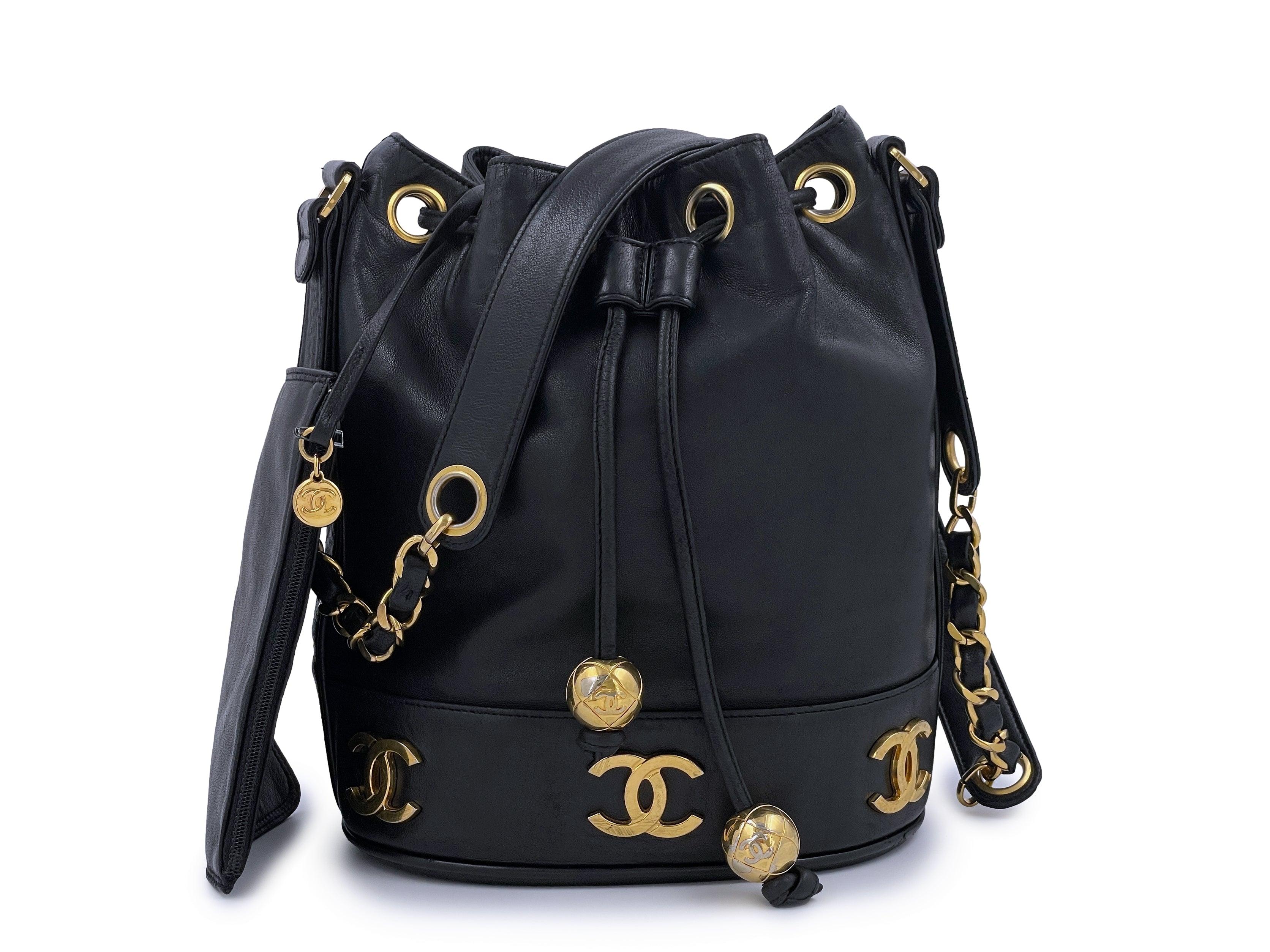 CHANEL Drawstring Bucket Quilted Lambskin Leather Shoulder