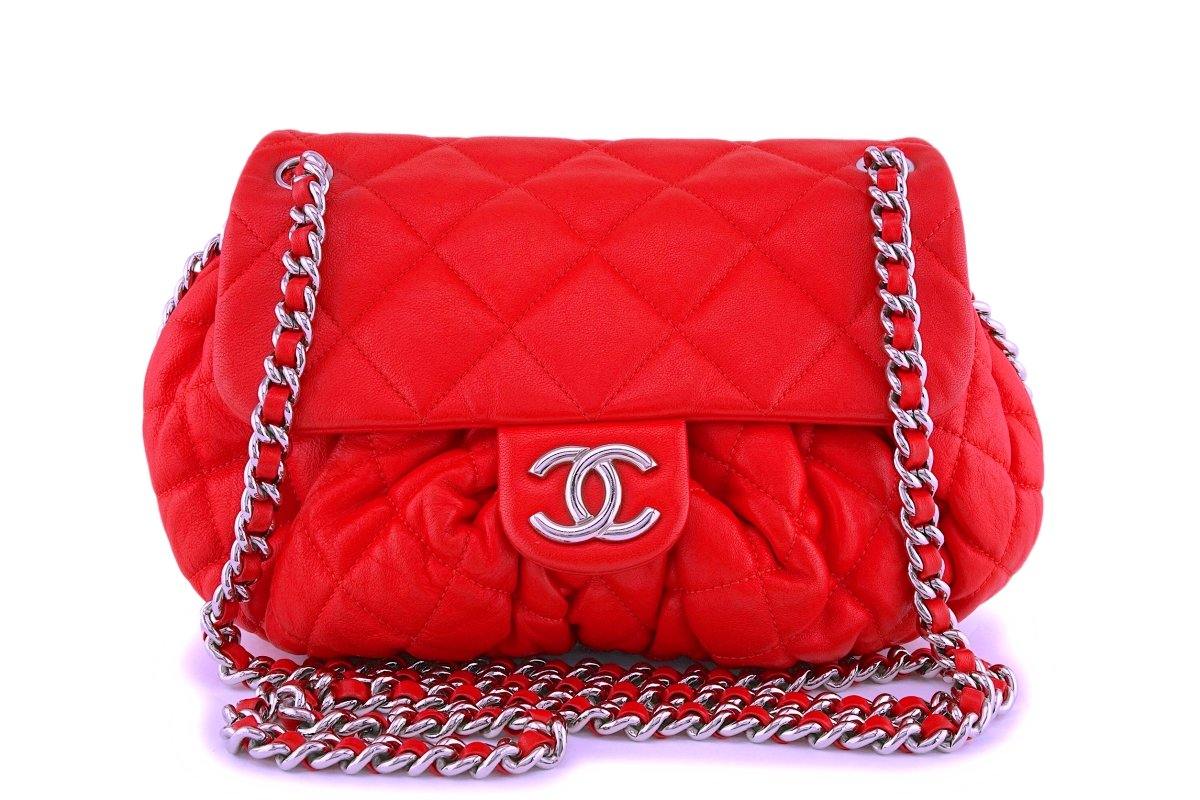 Chanel Red Textured Medium Chain Around Crossbody Flap Bag SHW
